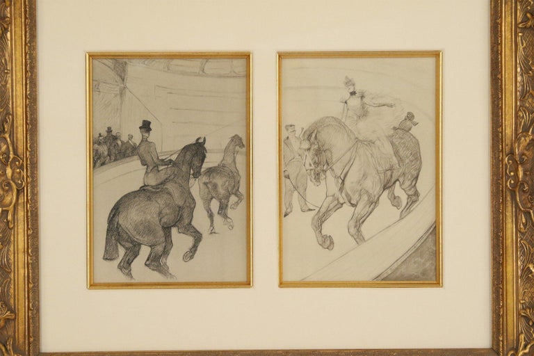20th Century Lautrec Lithograph Diptych of Figures Riding Horses in a Gilt Frame For Sale