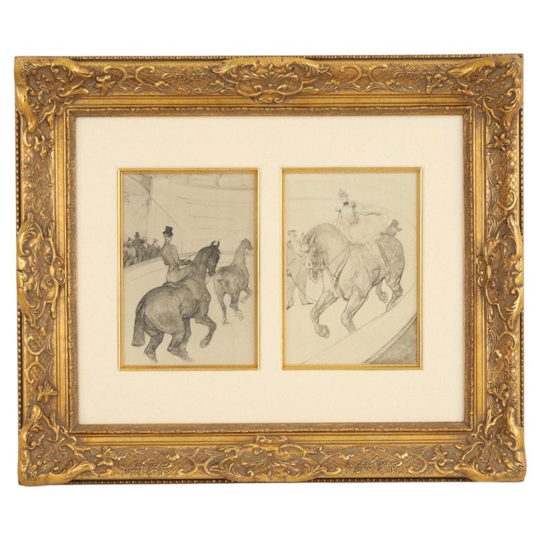 Lautrec Lithograph Diptych of Figures Riding Horses in a Gilt Frame For Sale