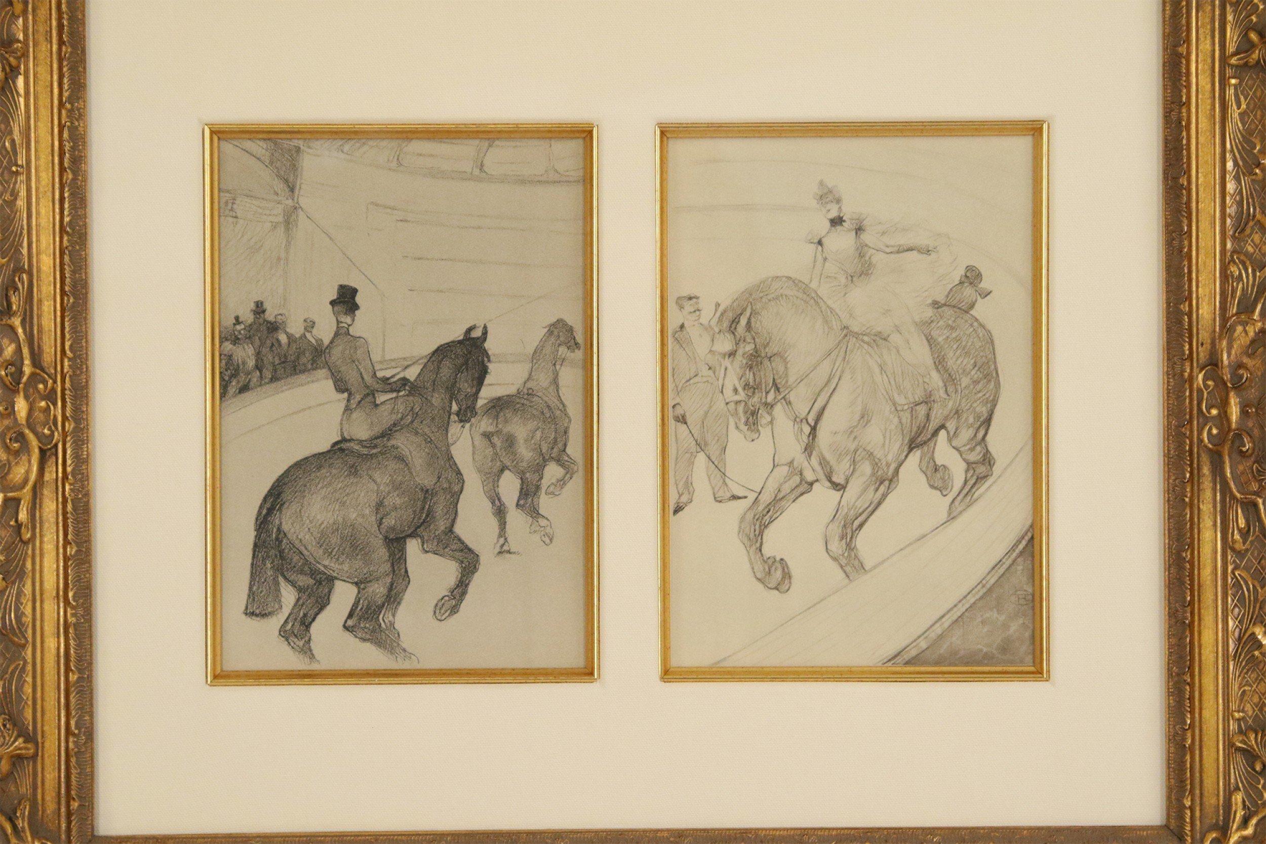 Ilustraciones francesas (finales del siglo XIX) a lápiz de artistas ecuestres a caballo en dos paneles titulados 