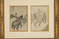 Lautrec Pencil Drawing Diptych of Figures Riding Horses in a Gilt Frame