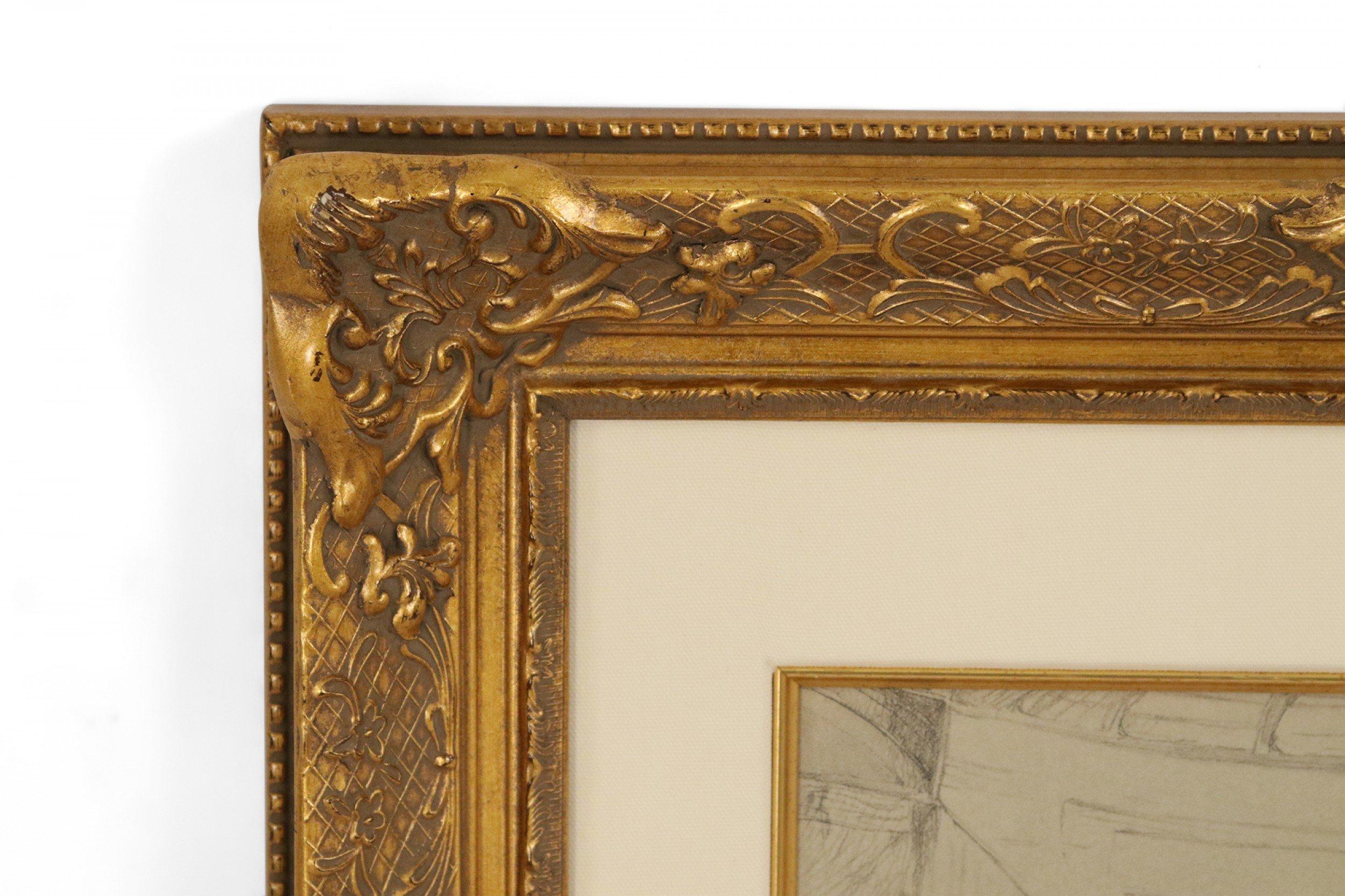 Díptico de figuras a caballo dibujadas a lápiz por Lautrec en marco dorado Belle Époque en venta