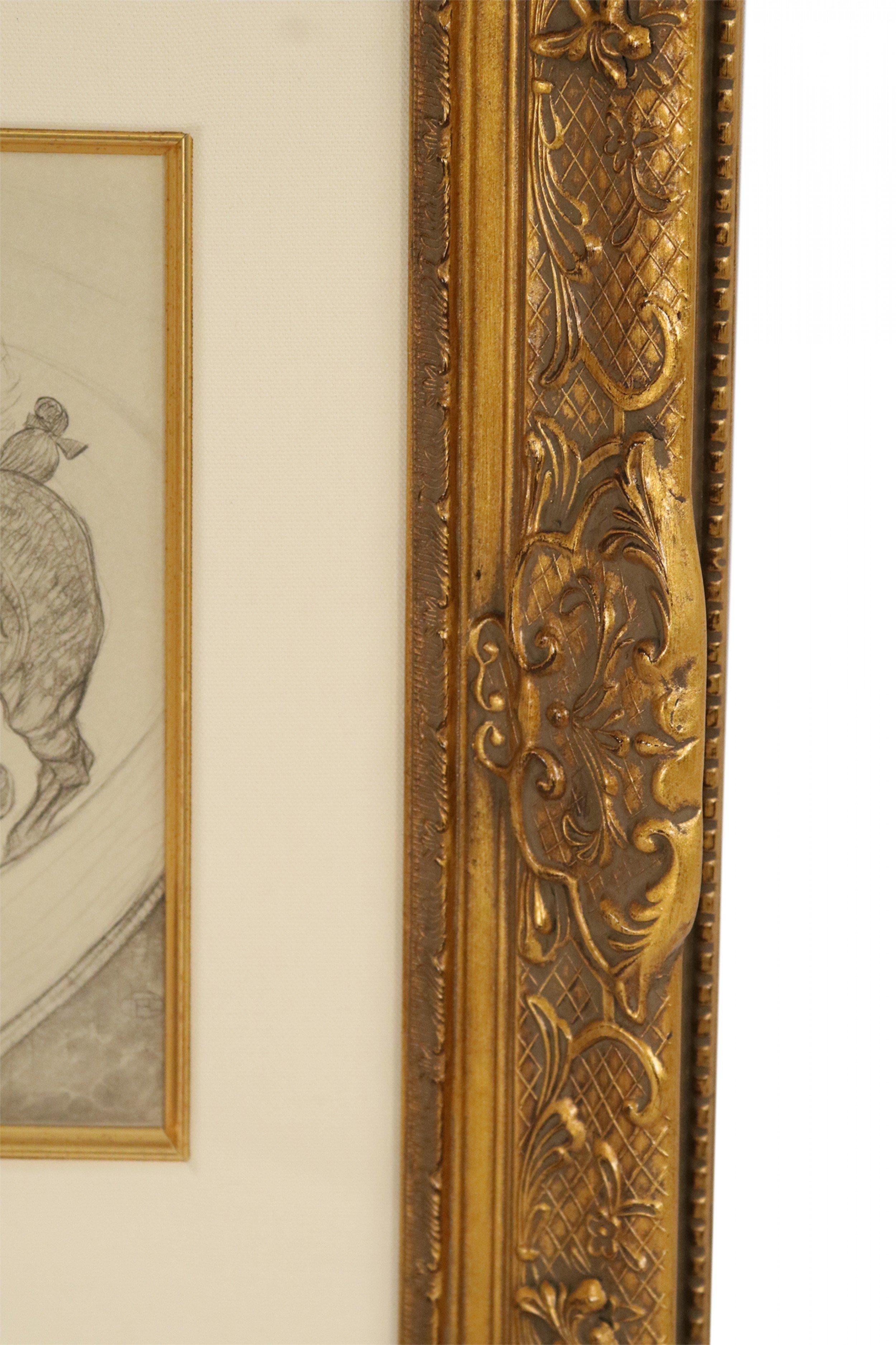 Díptico de figuras a caballo dibujadas a lápiz por Lautrec en marco dorado Francés en venta