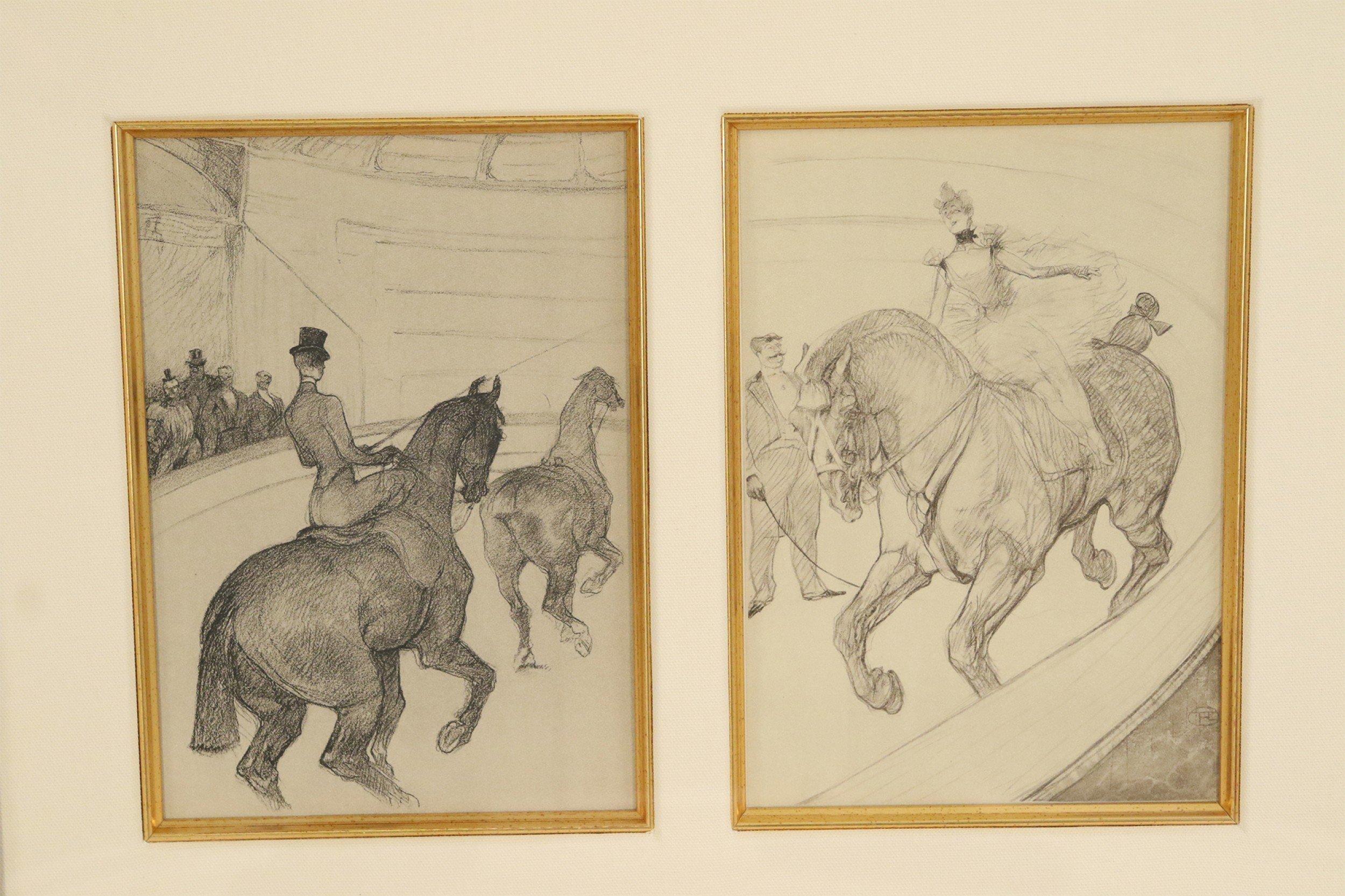 Díptico de figuras a caballo dibujadas a lápiz por Lautrec en marco dorado en Bueno estado para la venta en Queens, NY
