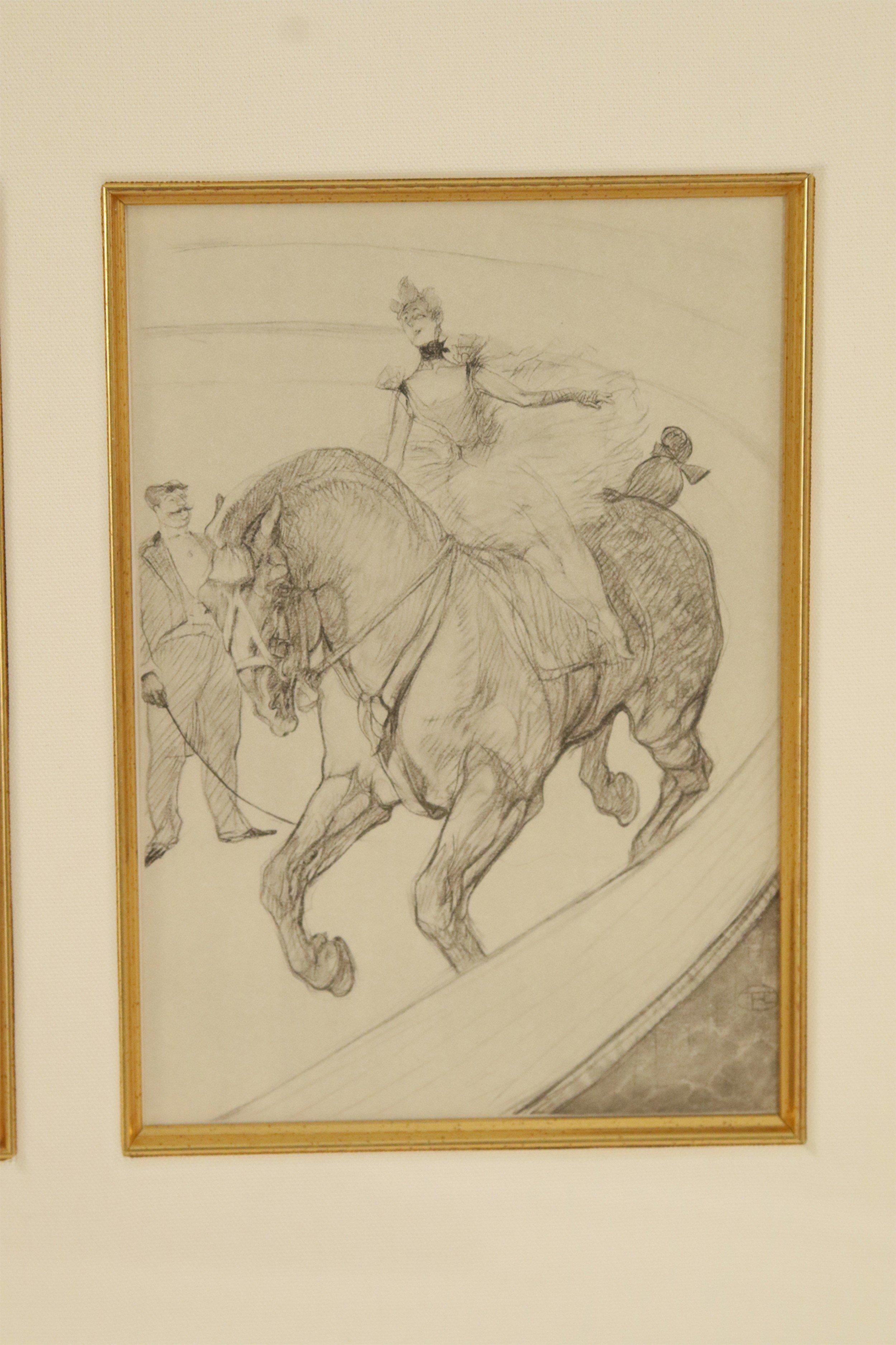 Díptico de figuras a caballo dibujadas a lápiz por Lautrec en marco dorado siglo XIX en venta