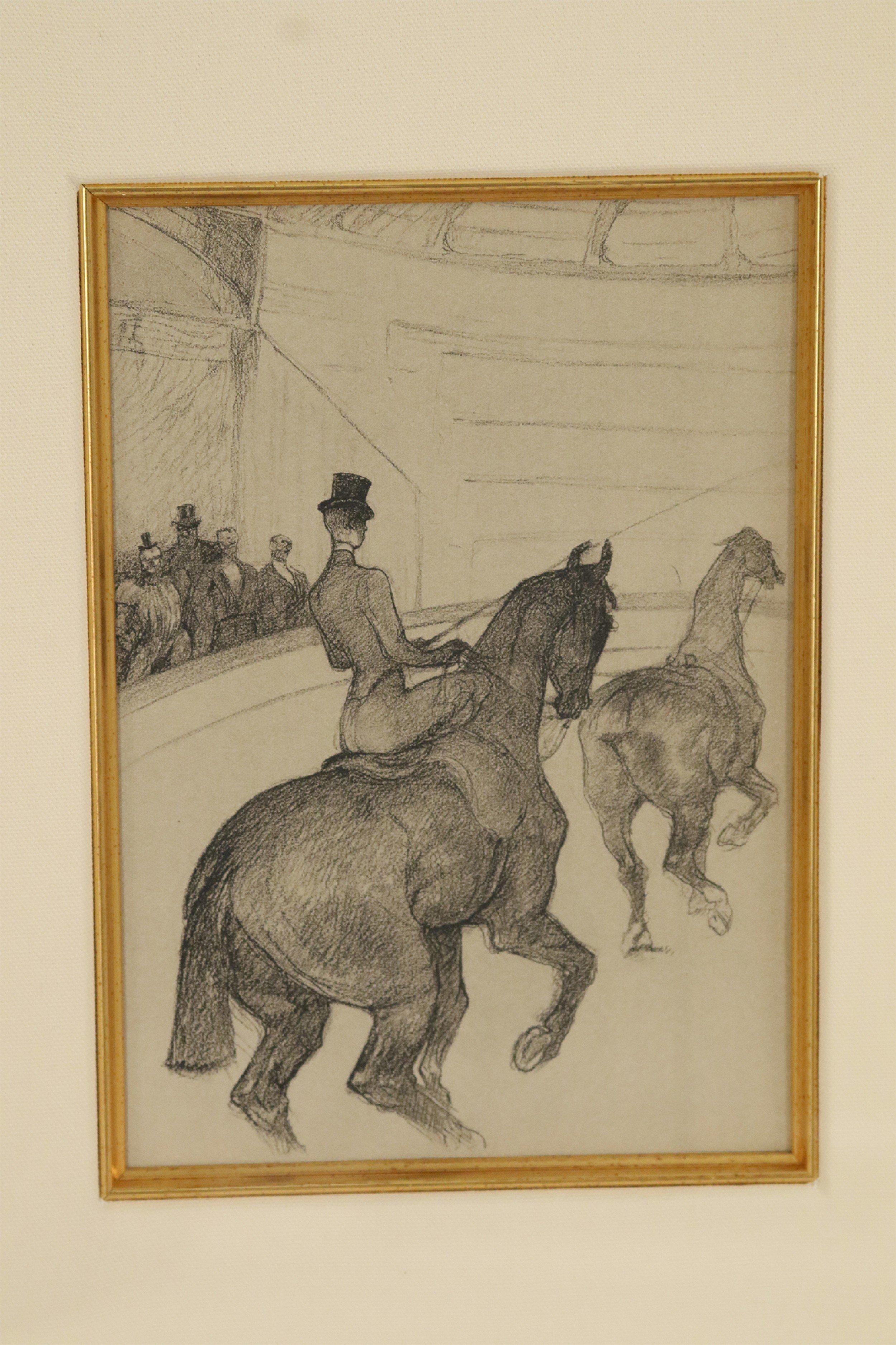 Díptico de figuras a caballo dibujadas a lápiz por Lautrec en marco dorado Papel en venta