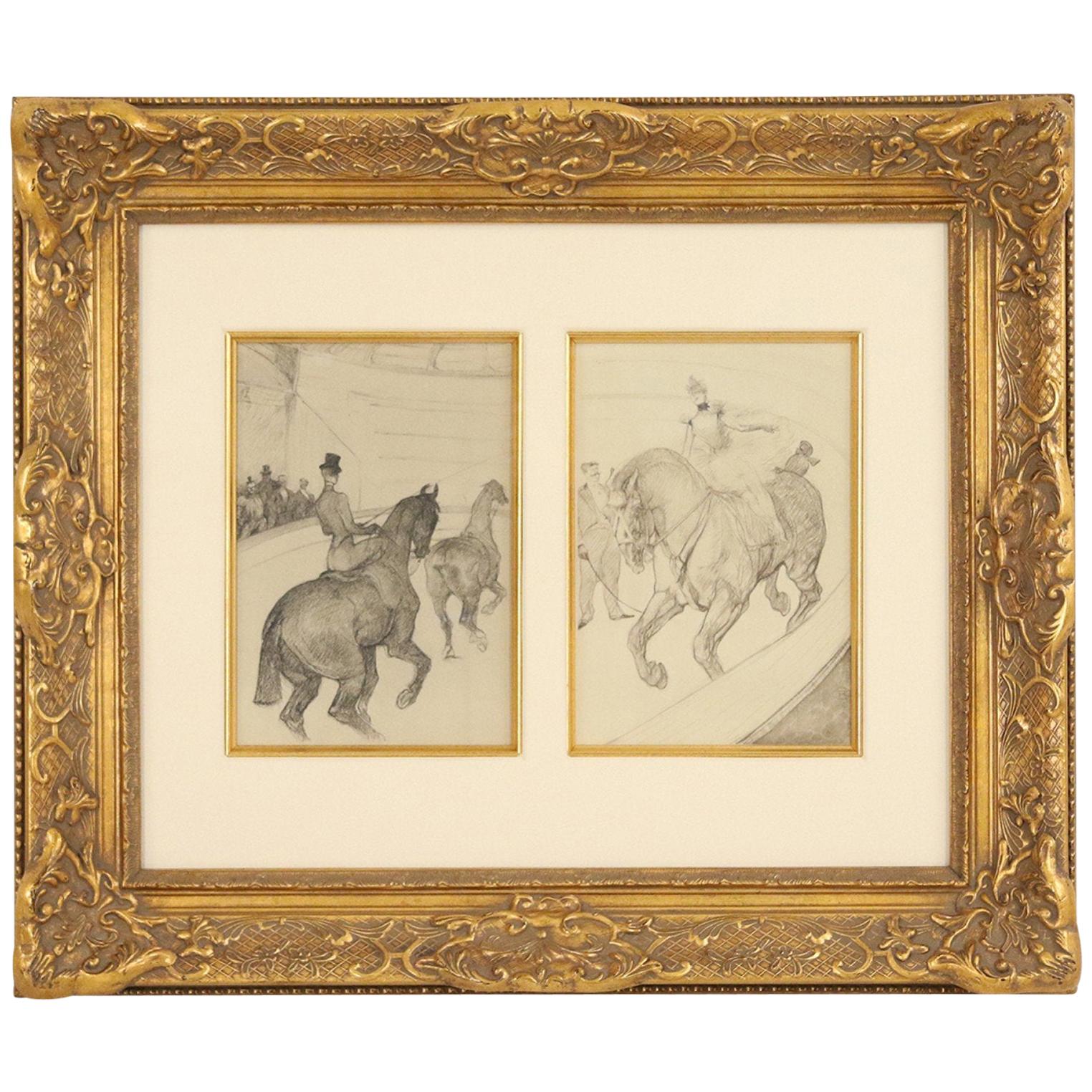 Lautrec Pencil Drawing Diptych of Figures Riding Horses in a Gilt Frame
