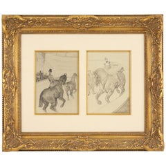 Diptyque de dessins au crayon de Lautrec représentant des personnages chevauchant des chevaux dans un cadre doré