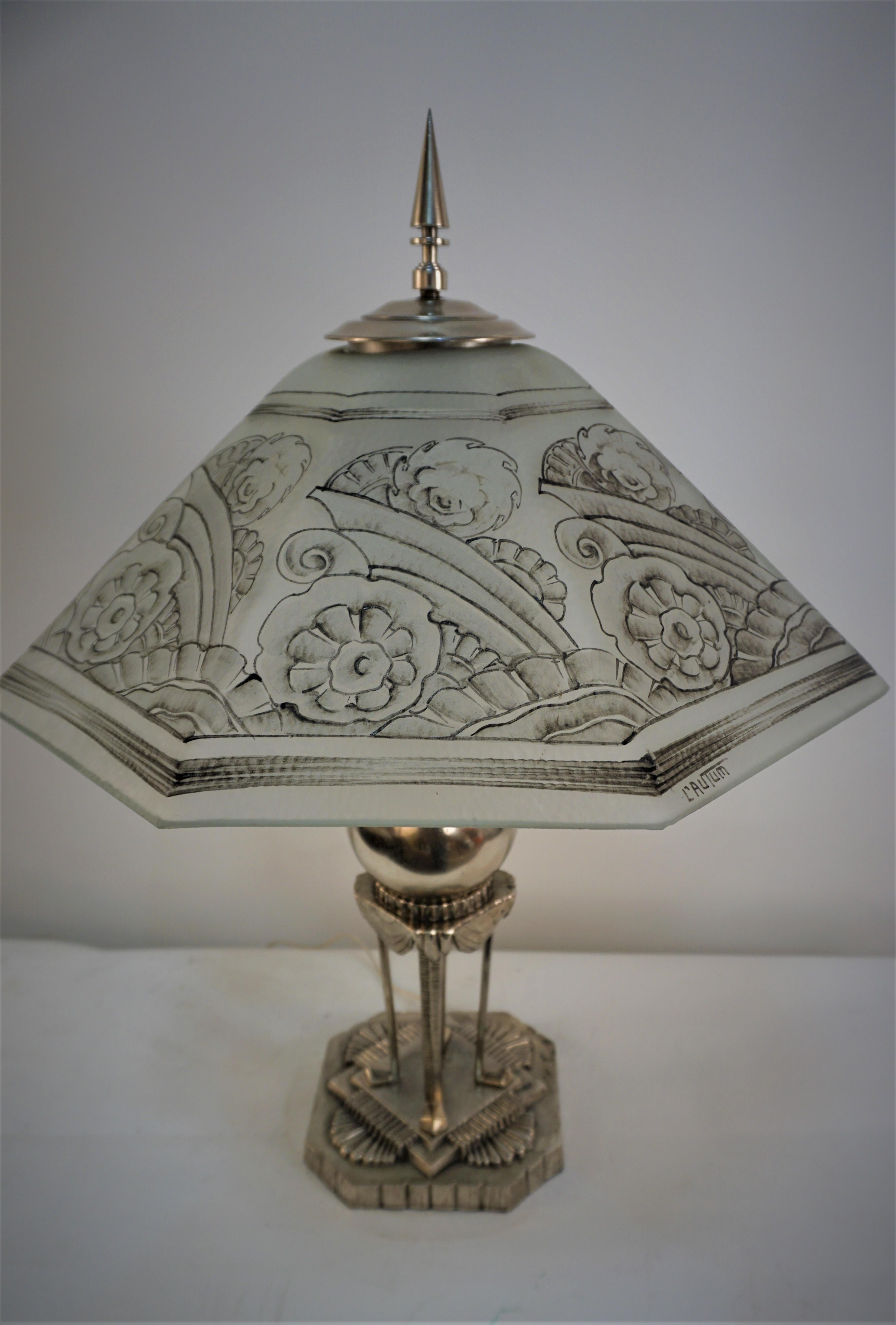 L'Autum 1930's Painted Glass Art Deco Table Lamp For Sale 3