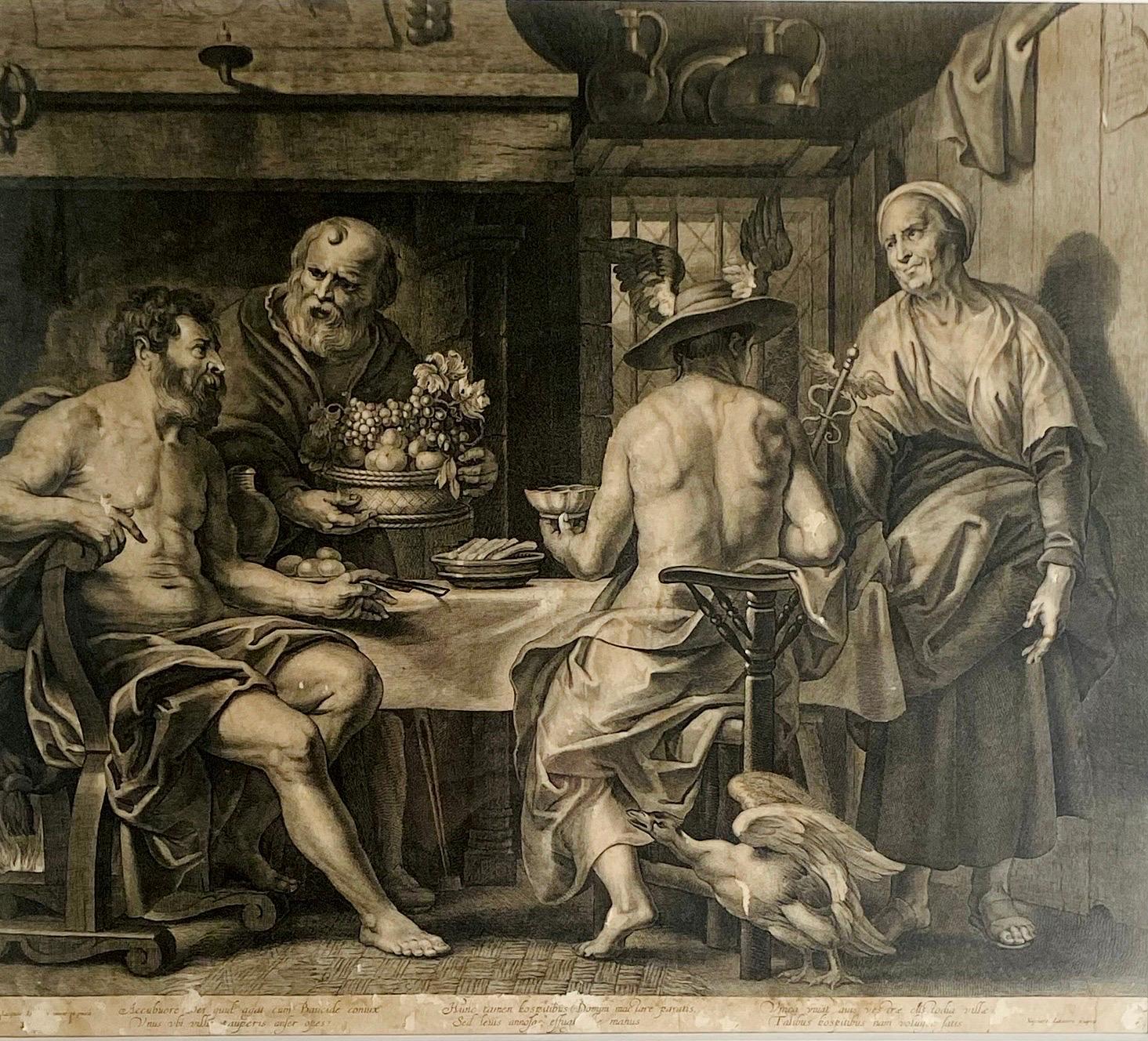 Large and beautiful etching, engraving by Nicolaes Lauwers after Jacob Jordaens.
Flanders, 17th century.
Representing Zeus and Hermes (Jupiter and Mercury) in the house of Philemon and Baucis.

Very nice dimensions. Beautiful framing.

The