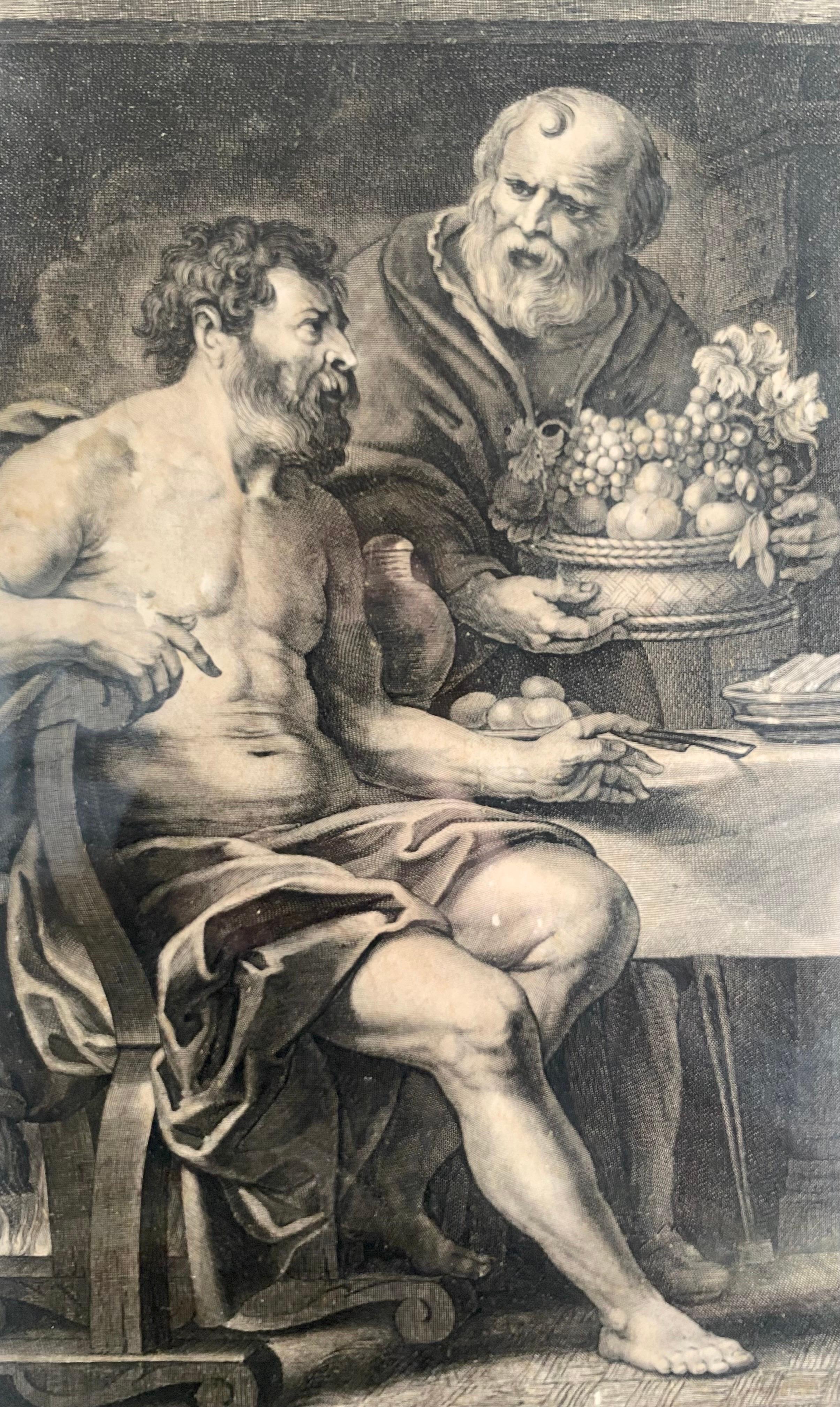 LAUWERS 17th Etching Engraving Jupiter & Mercury & Zeus Hermes JORDAENS - Framed In Good Condition For Sale In Beuzevillette, FR