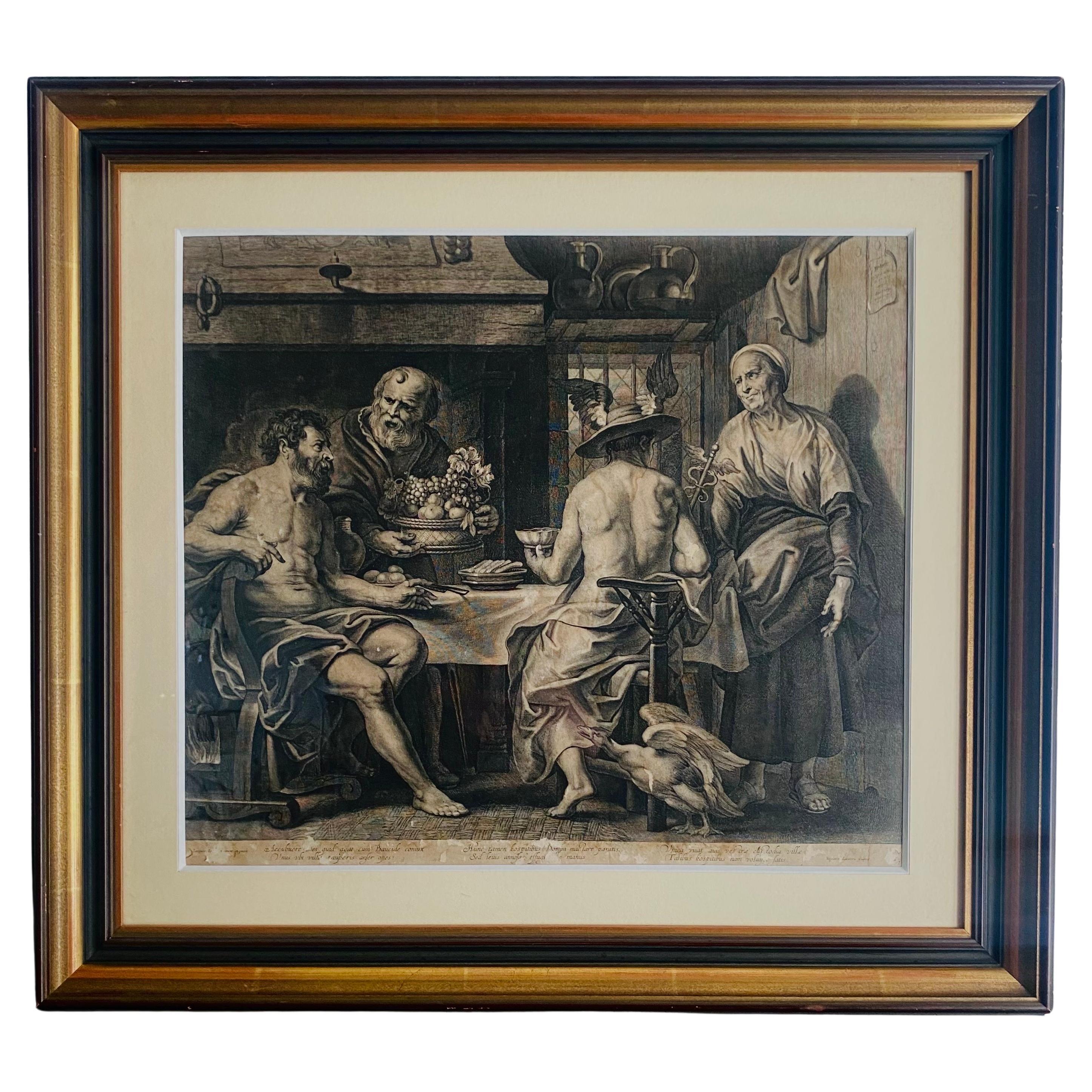 LAUWERS 17th Etching Engraving Jupiter & Mercury & Zeus Hermes JORDAENS - Framed For Sale