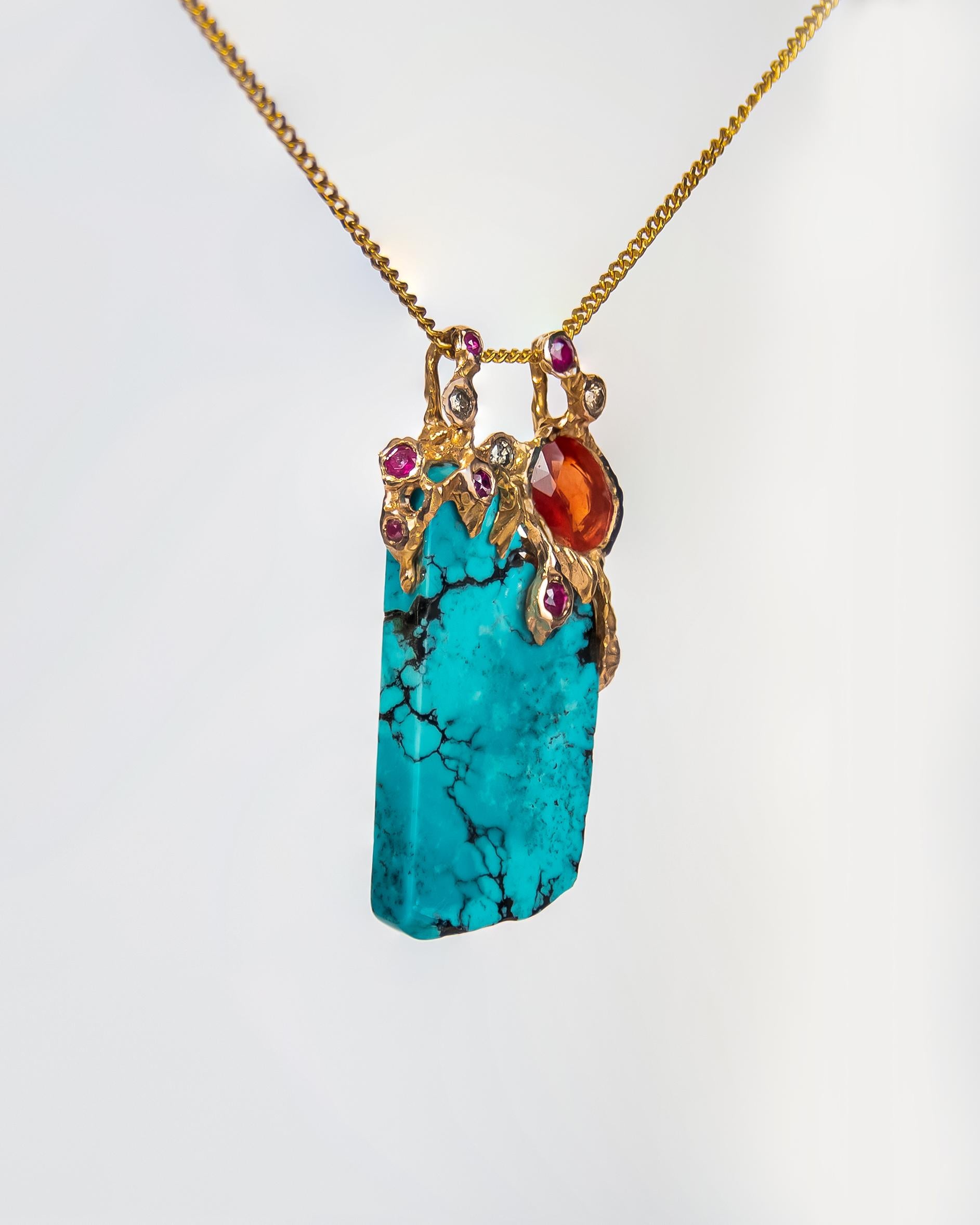 Contemporary Lava 18K Rose Gold Turquoise Sapphire Ruby and Diamond Pendant For Sale