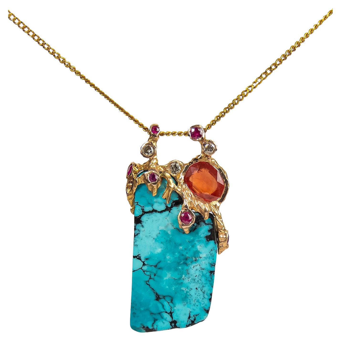 Lava 18K Rose Gold Turquoise Sapphire Ruby and Diamond Pendant For Sale
