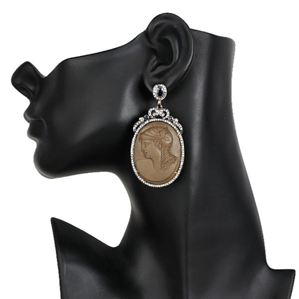 Classical Roman Lava Cameo Earring with Diamonds Set in Gold and Silver For Sale