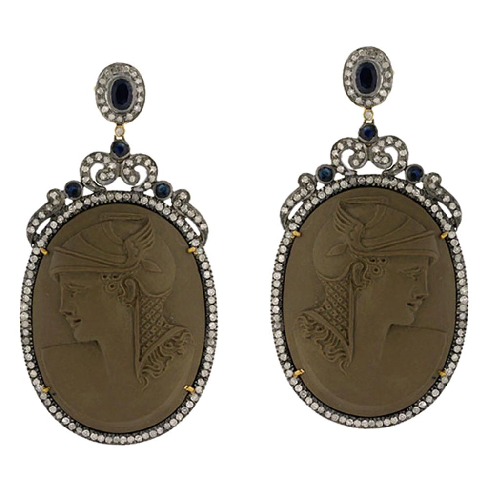 Lava Cameo Earring with Diamonds Set in Gold and Silver For Sale