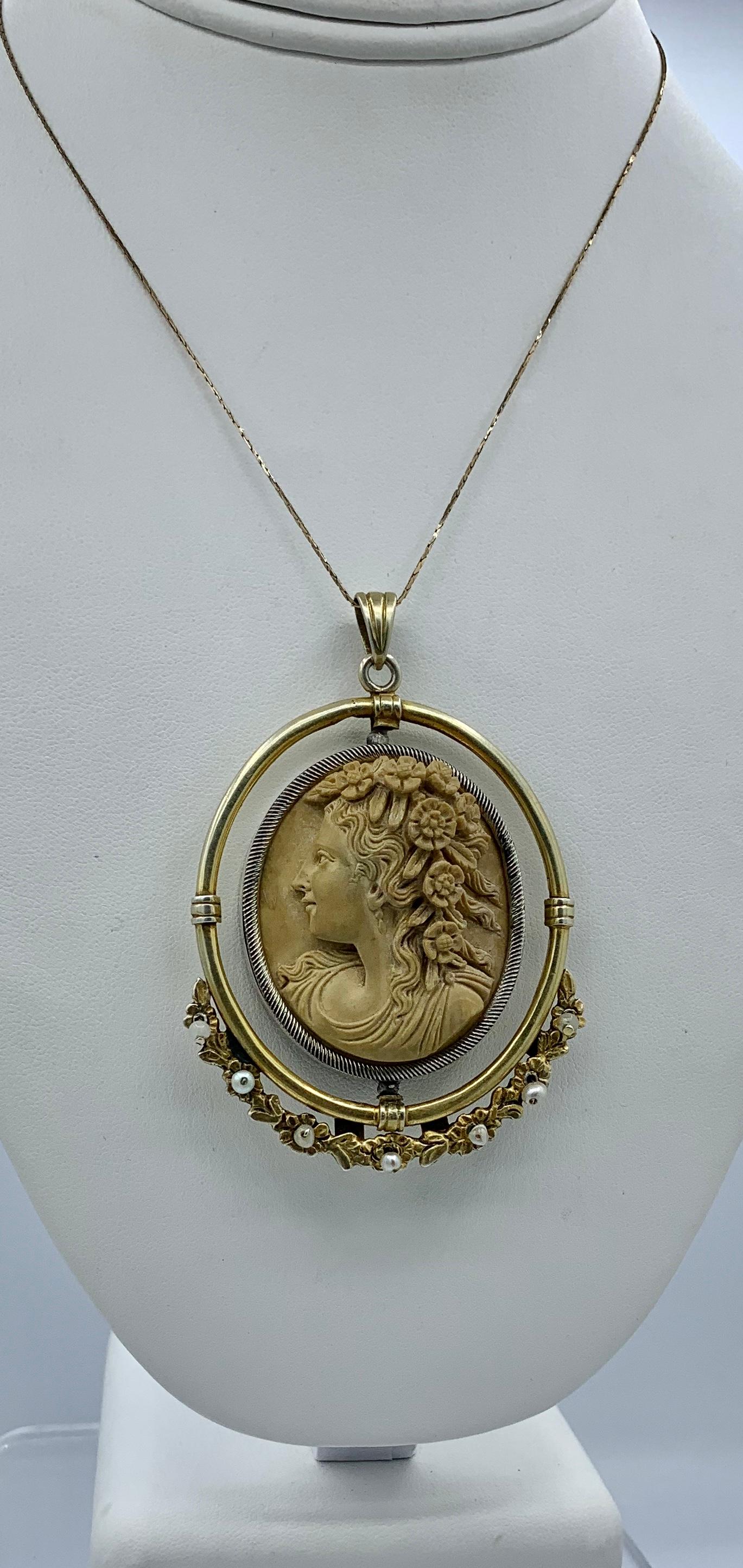 Bead Lava Cameo Pearl Pendant Necklace Antique Victorian Flower Garland For Sale