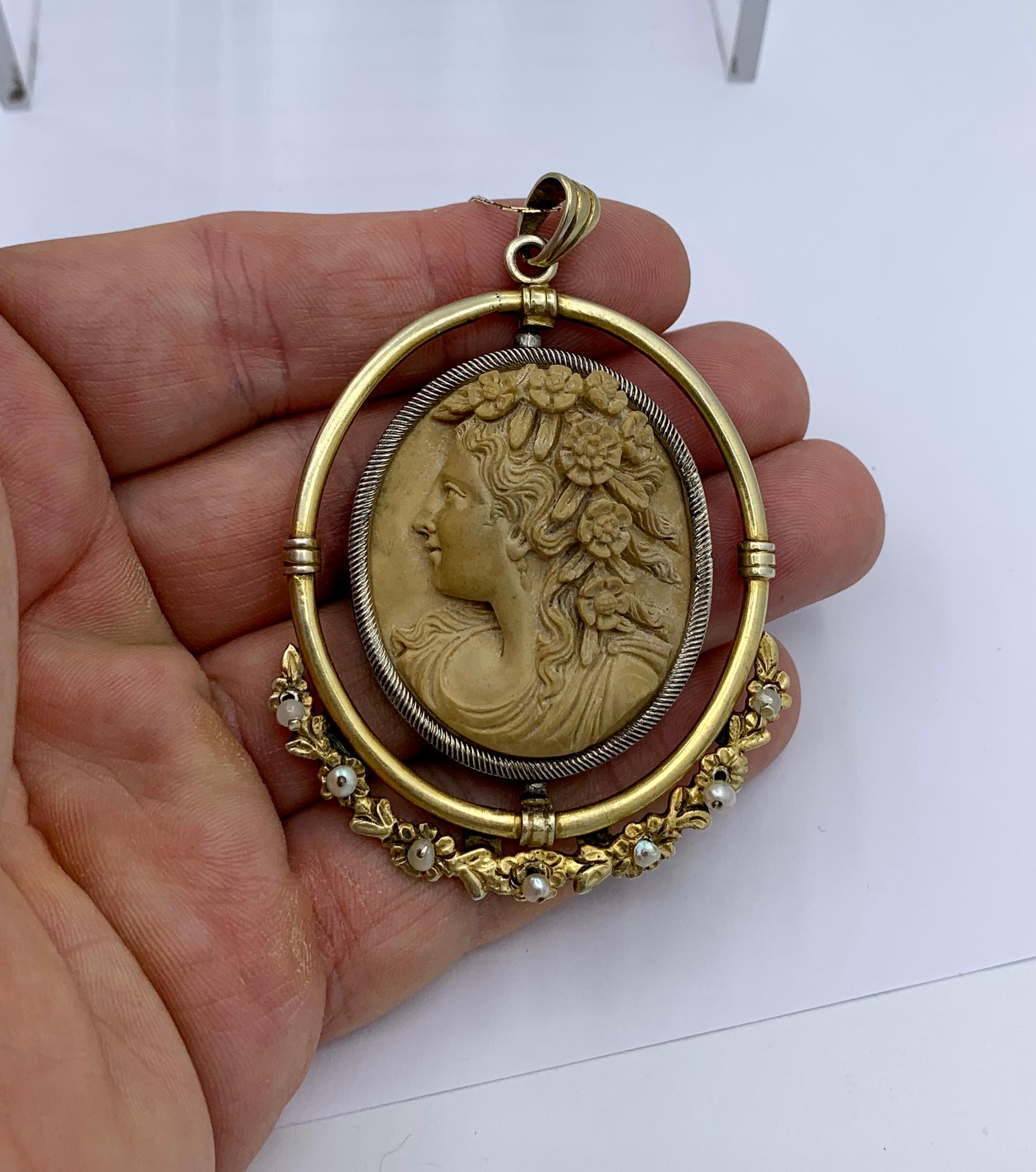 Lava Cameo Pearl Pendant Necklace Antique Victorian Flower Garland For Sale 2