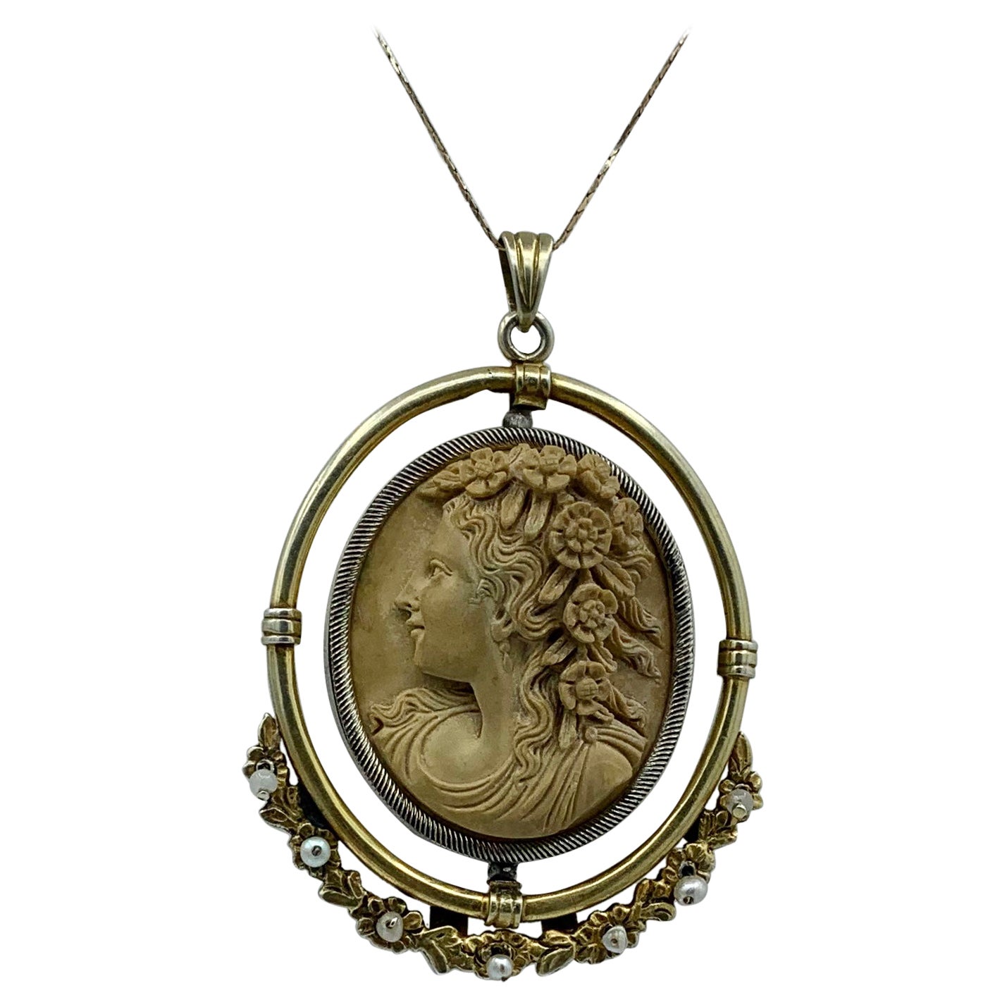 Lava Cameo Pearl Pendant Necklace Antique Victorian Flower Garland