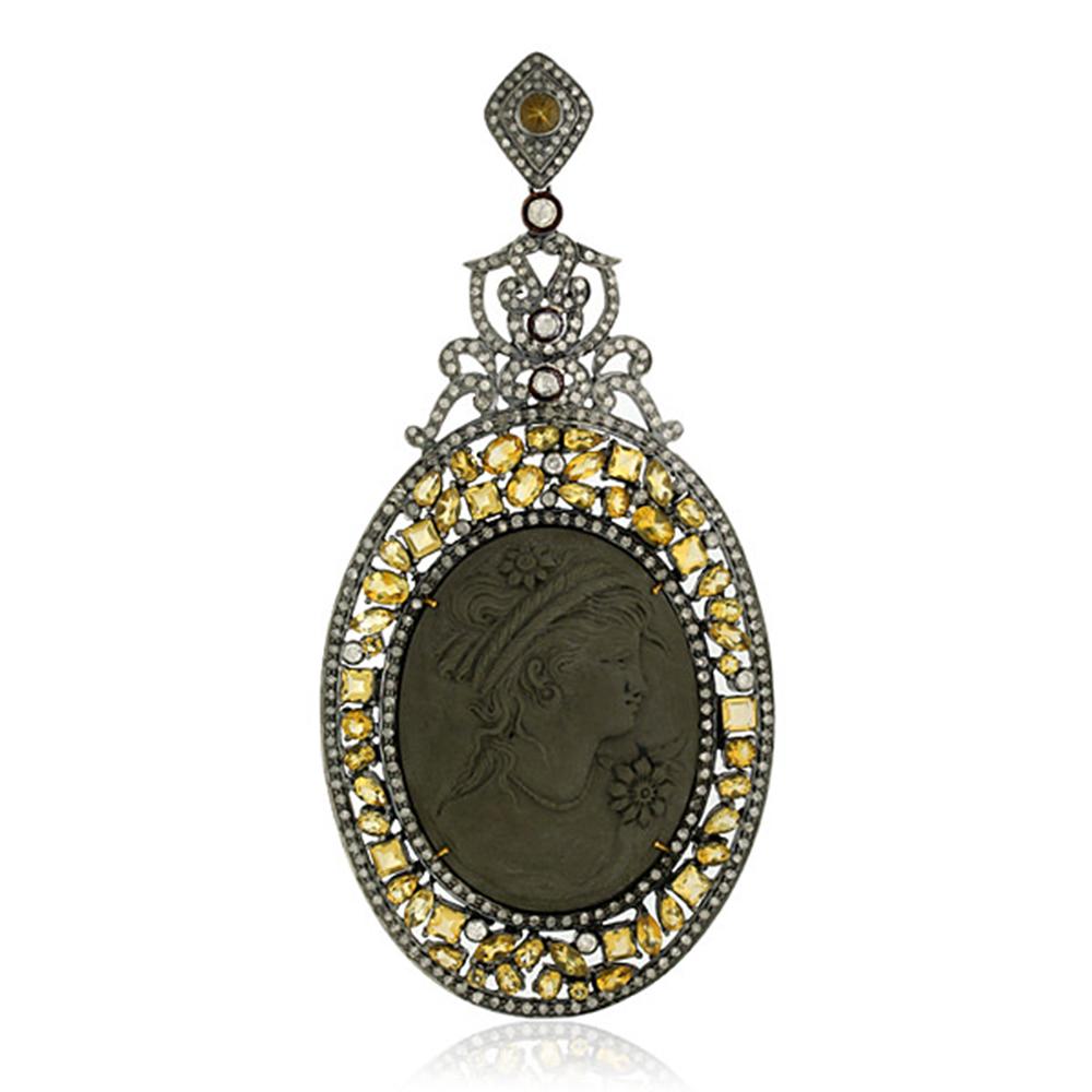 Art Nouveau Lava Cameo Pendant with Diamonds and Citrine For Sale