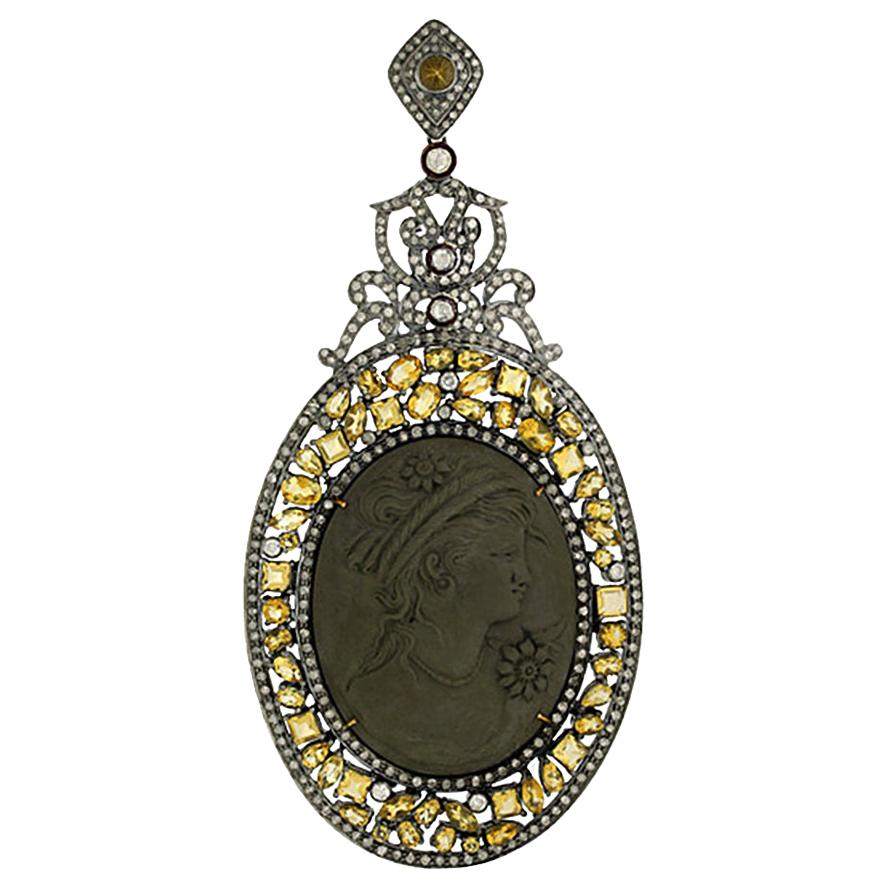 Lava Cameo Pendant with Diamonds and Citrine For Sale