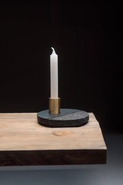 Lava Candleholder, Volcanic Stone and Brass