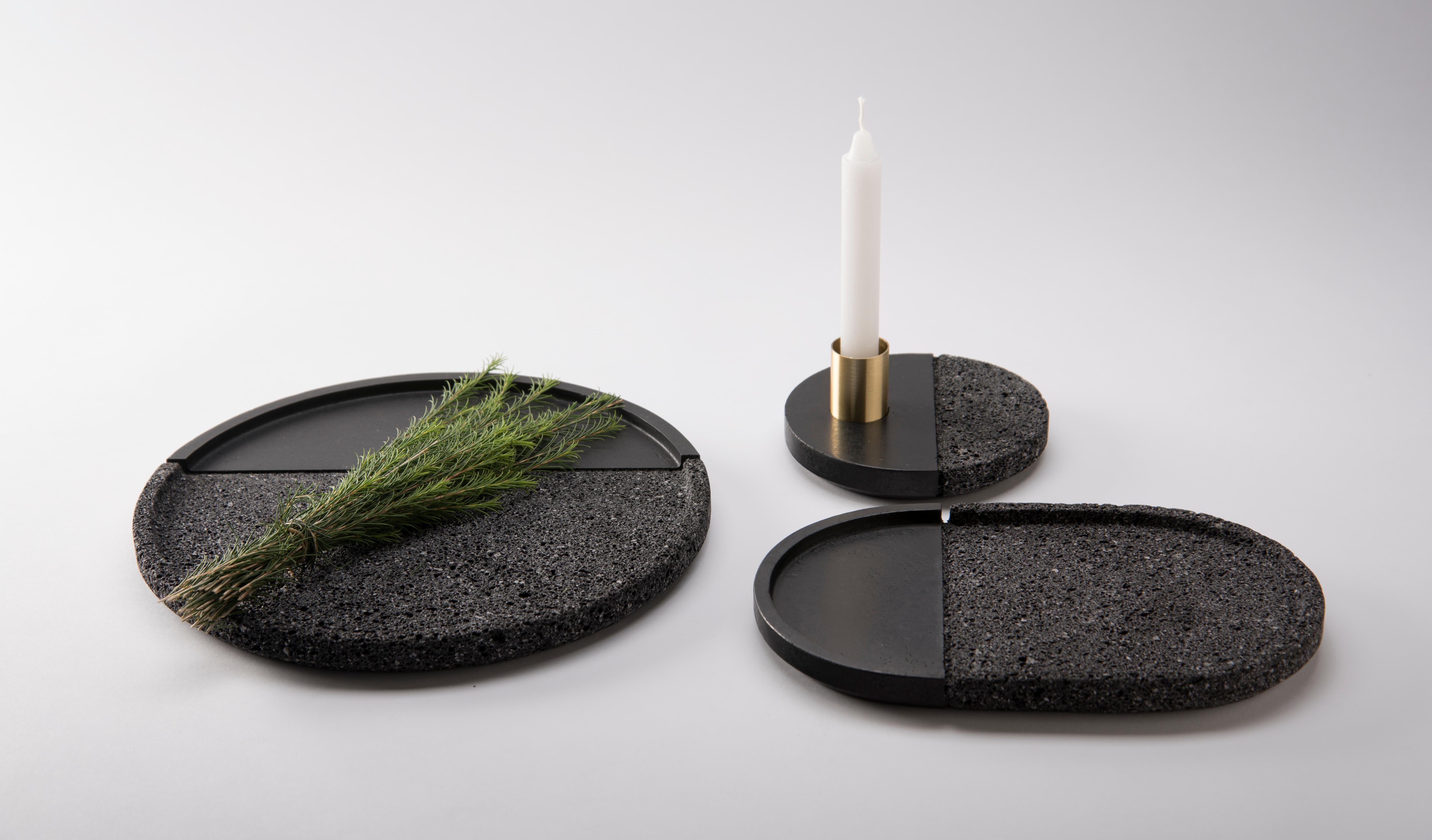 Minimalist Lava Candleholder, Volcanic Stone and Brass For Sale