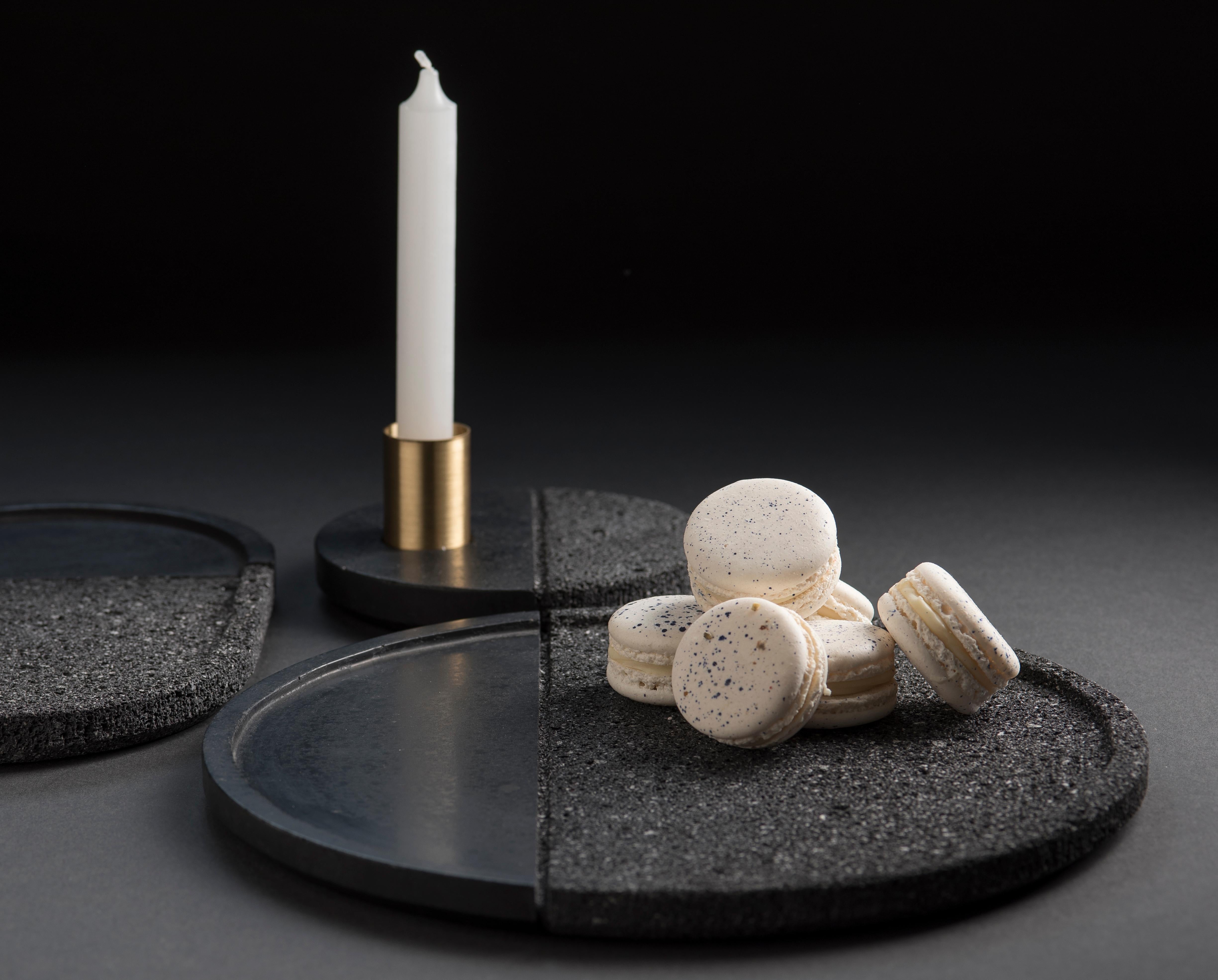 Contemporary Lava Candleholder, Volcanic Stone and Brass For Sale