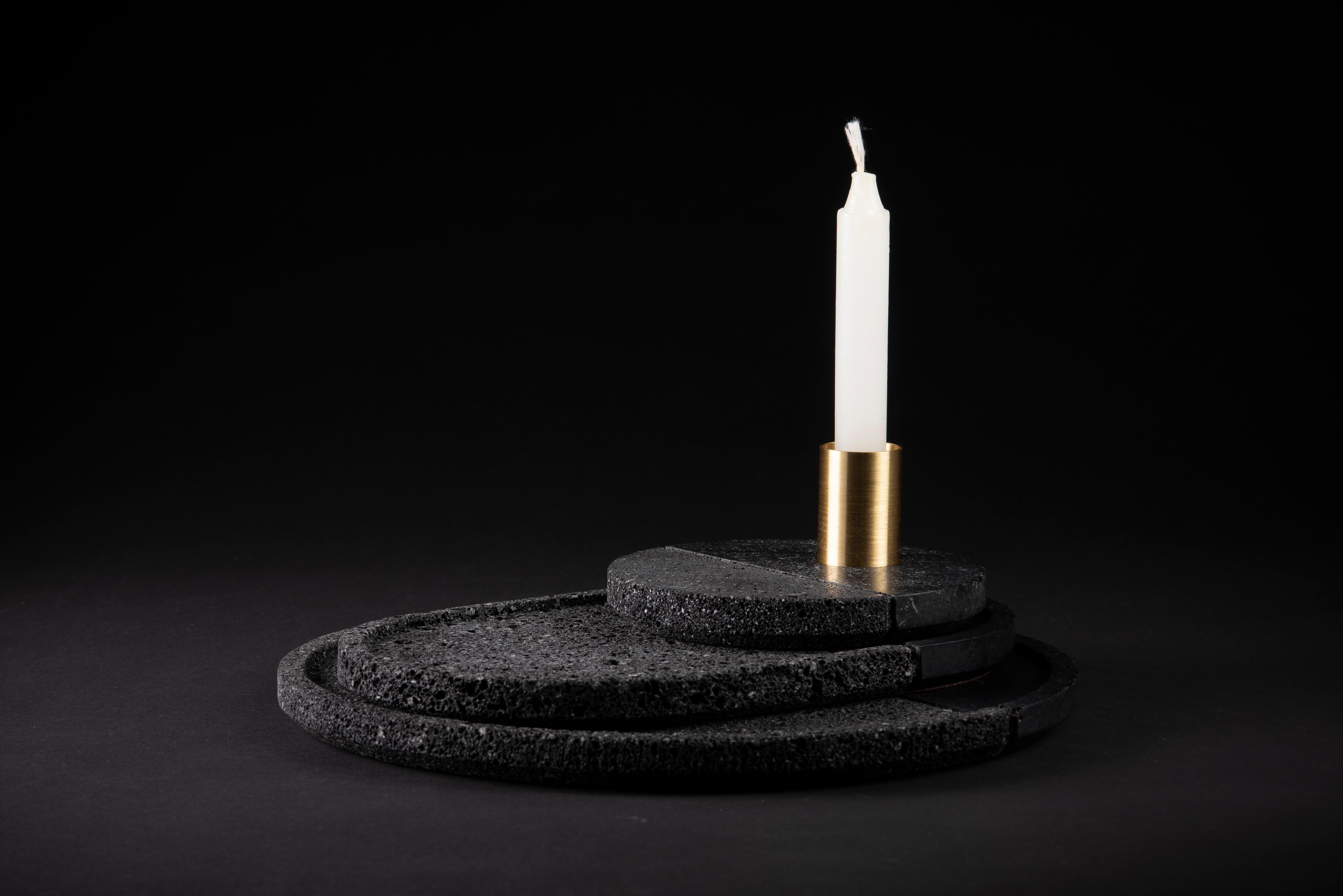 Lava Candleholder, Volcanic Stone and Brass For Sale 2