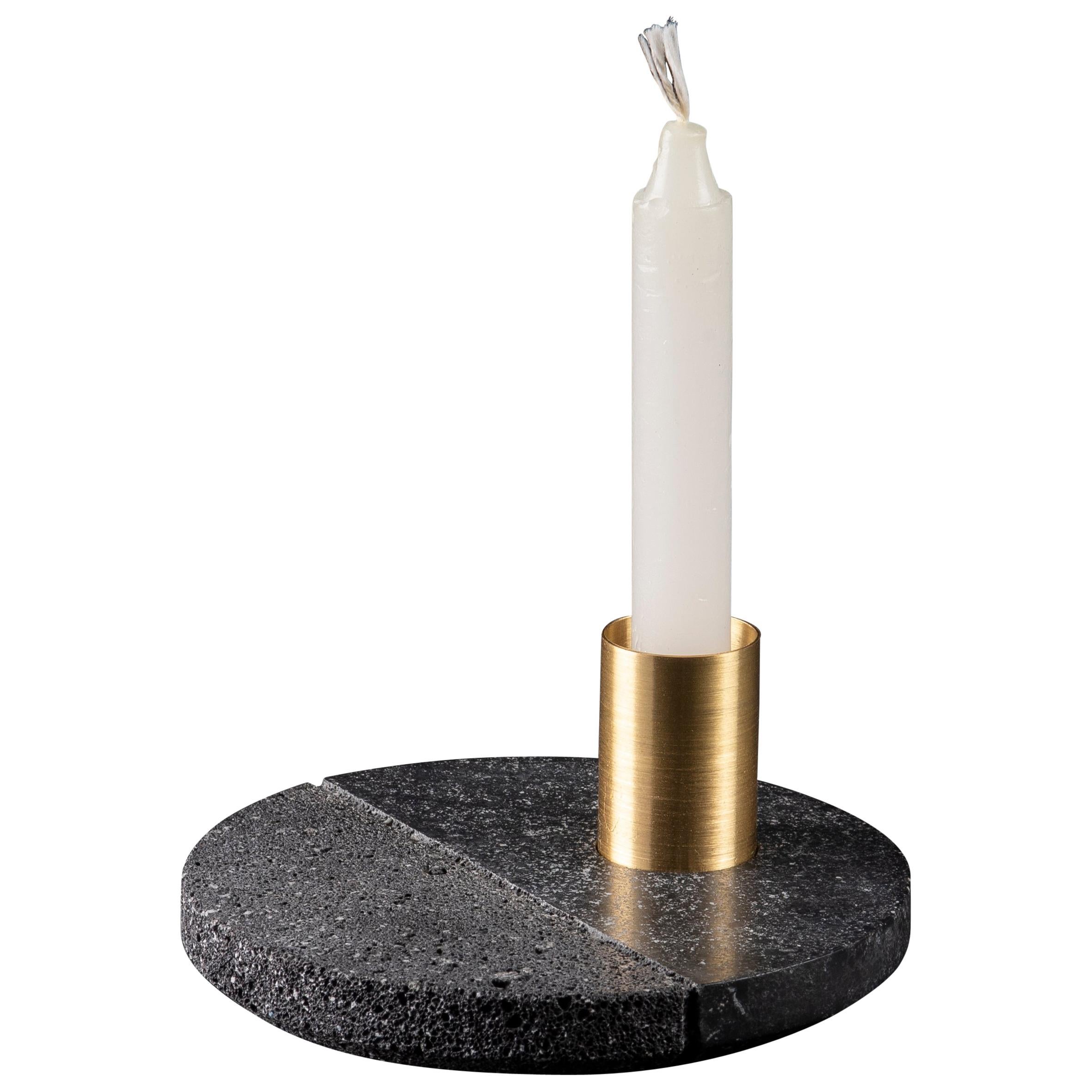 Lava Candleholder, Volcanic Stone and Brass