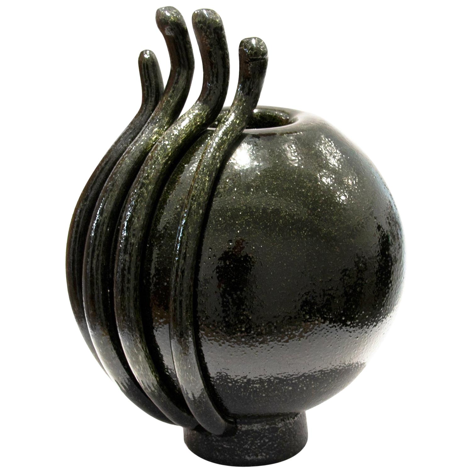 Lava Contemporary Hand Blown Murano Glass Dark Green Vase For Sale
