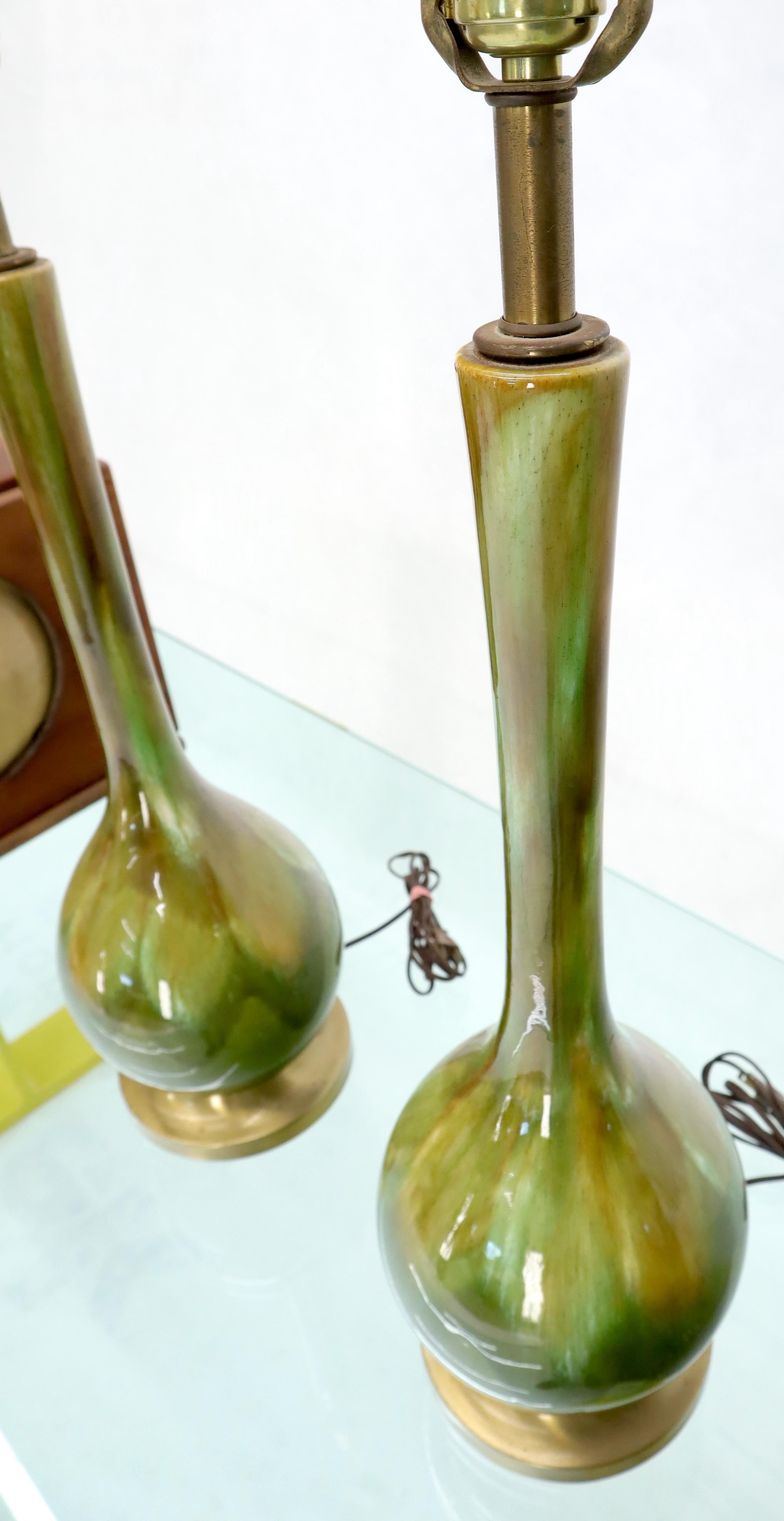 Glazed Lava Green to Brown Glaze Onion Shape Pair of Table Lamps Mid-Century Modern