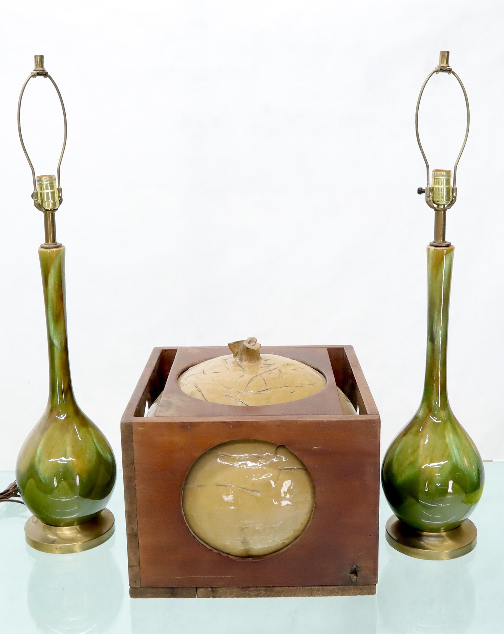 Ceramic Lava Green to Brown Glaze Onion Shape Pair of Table Lamps Mid-Century Modern