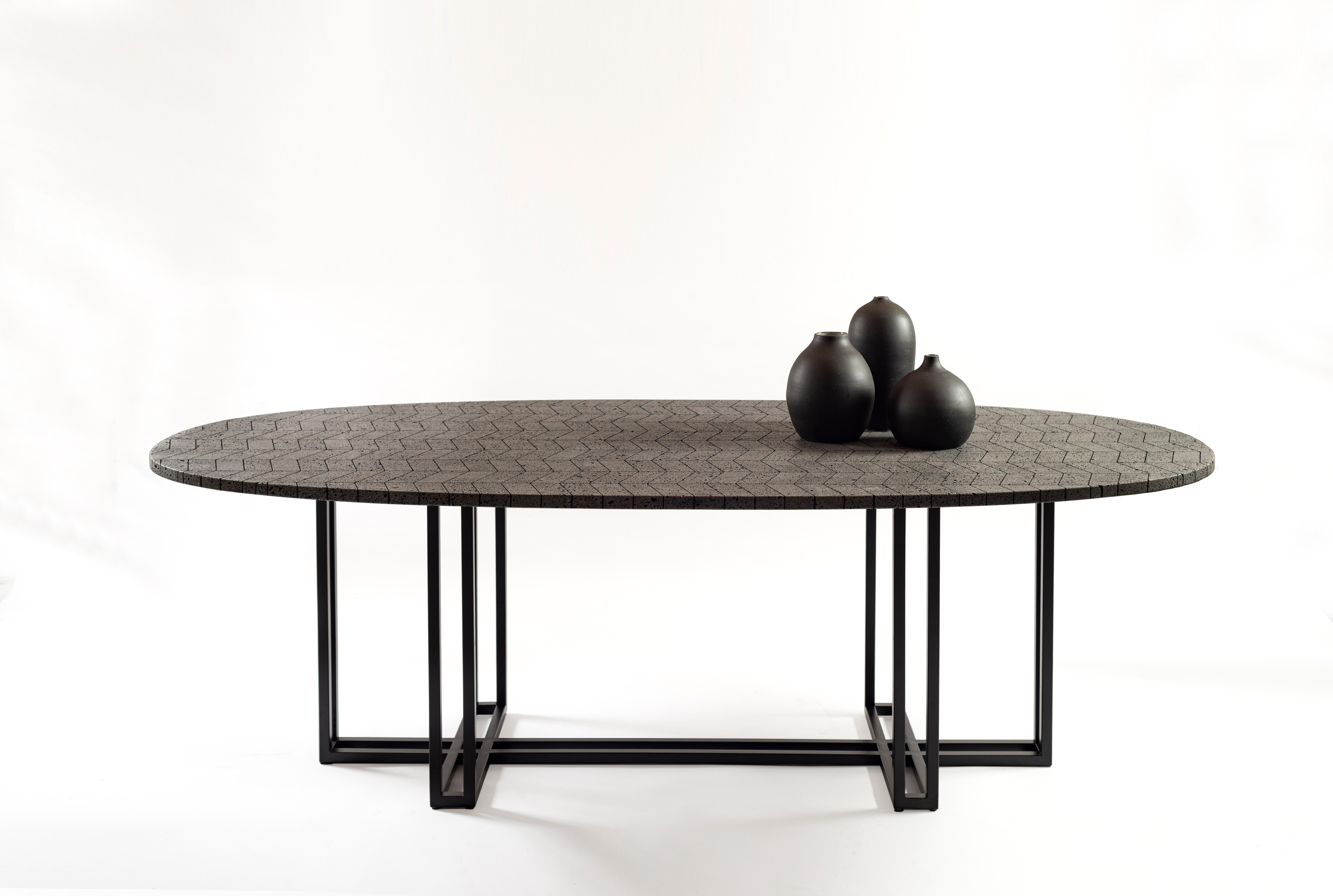 Contemporary Lava Oval Table, Volcanic Stone and Stainless Steel 2.4M For Sale