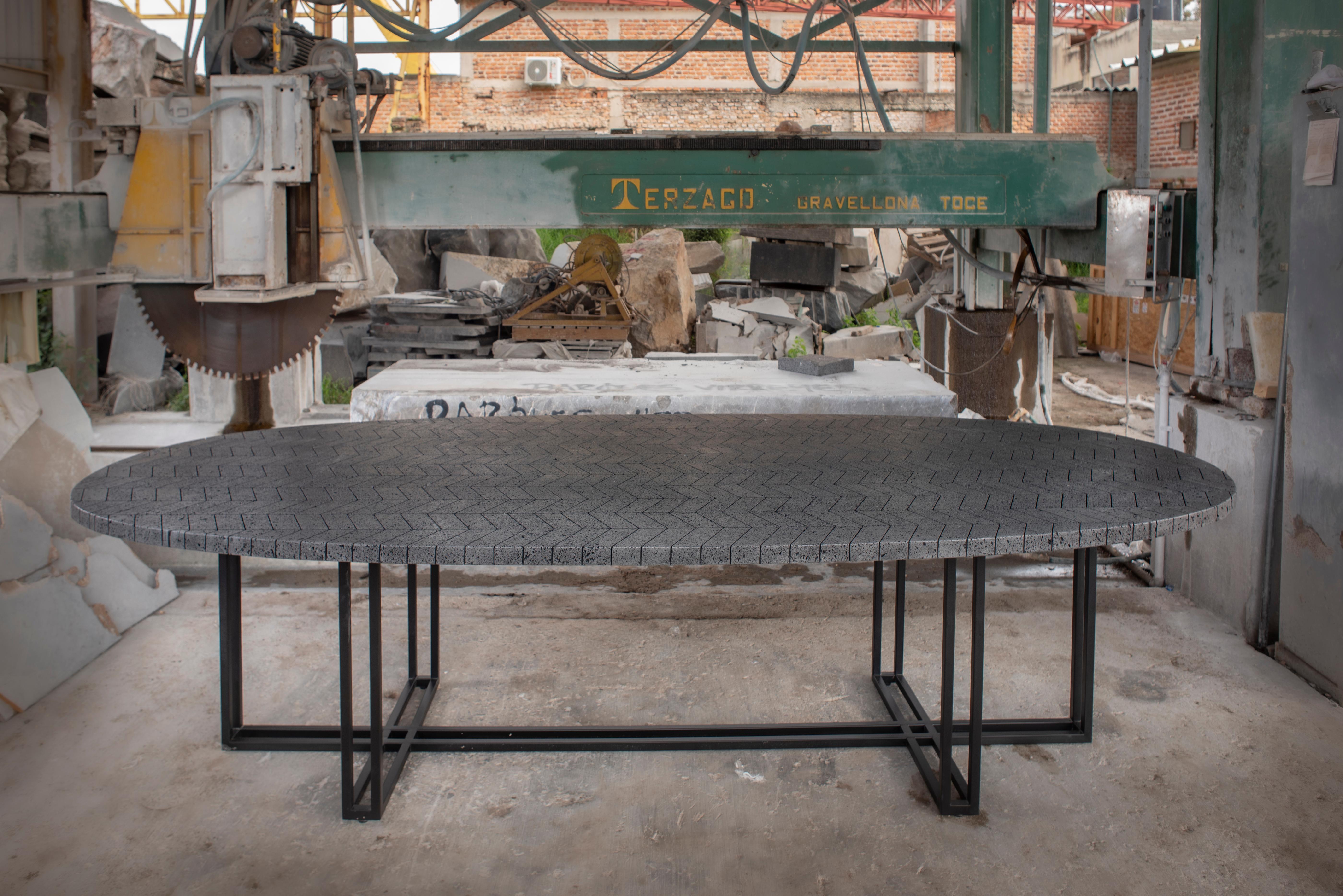 Minimalist LAVA Oval Table, Volcanic Stone and Stainless Steel 2M For Sale