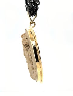 Lava Rock Cameo and 18k Gold Pendant with Triple Strand Blackened Steel Chain
