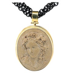 Lava Rock Cameo and 18k Gold Pendant with Triple Strand Blackened Steel Chain