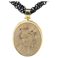 Lava Rock Cameo and 18k Gold Pendant with Triple Strand Blackened Steel Chain