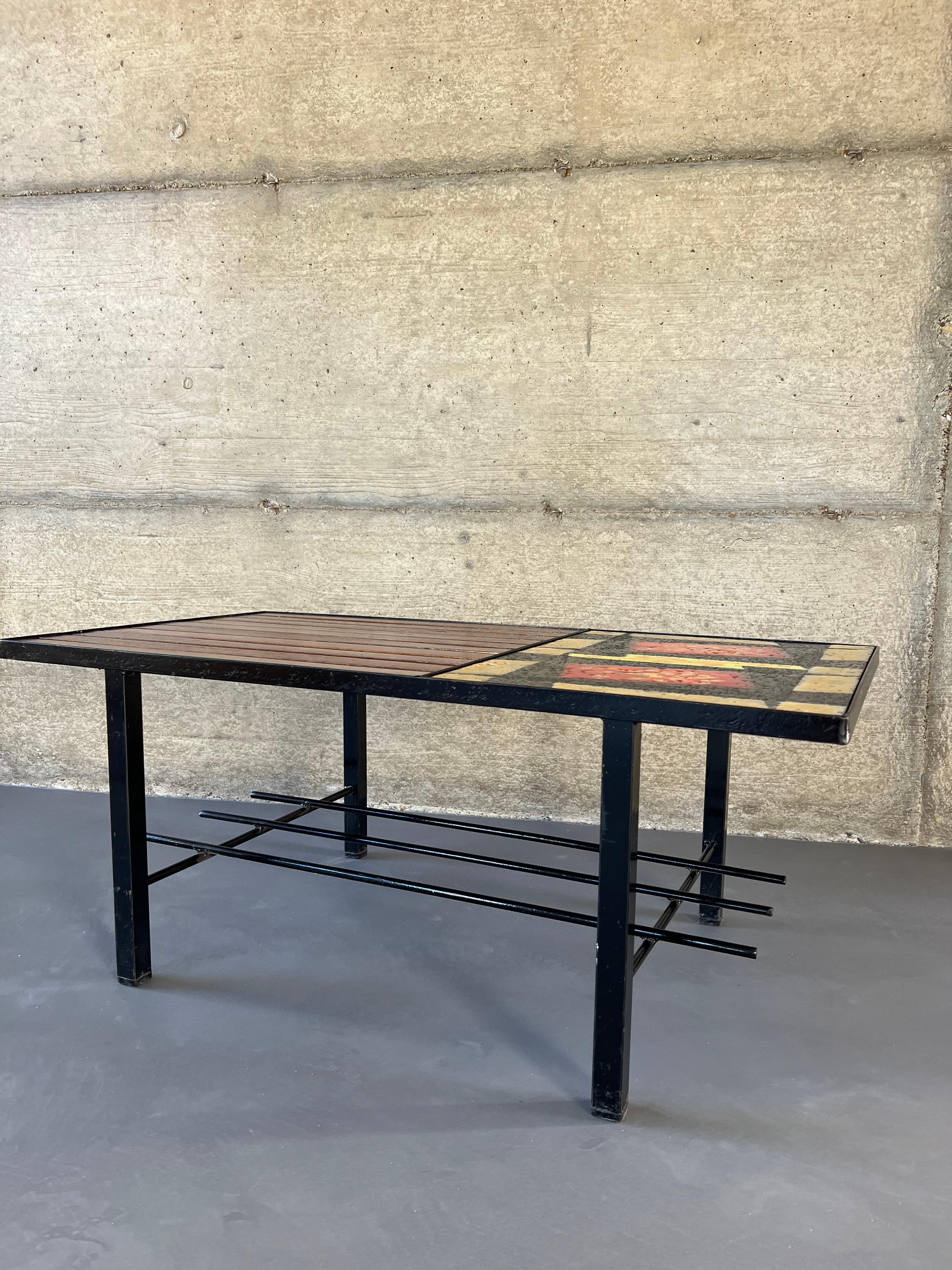 Mid-Century Modern Lava Rock, Teak and Metal Modernist Coffee Table