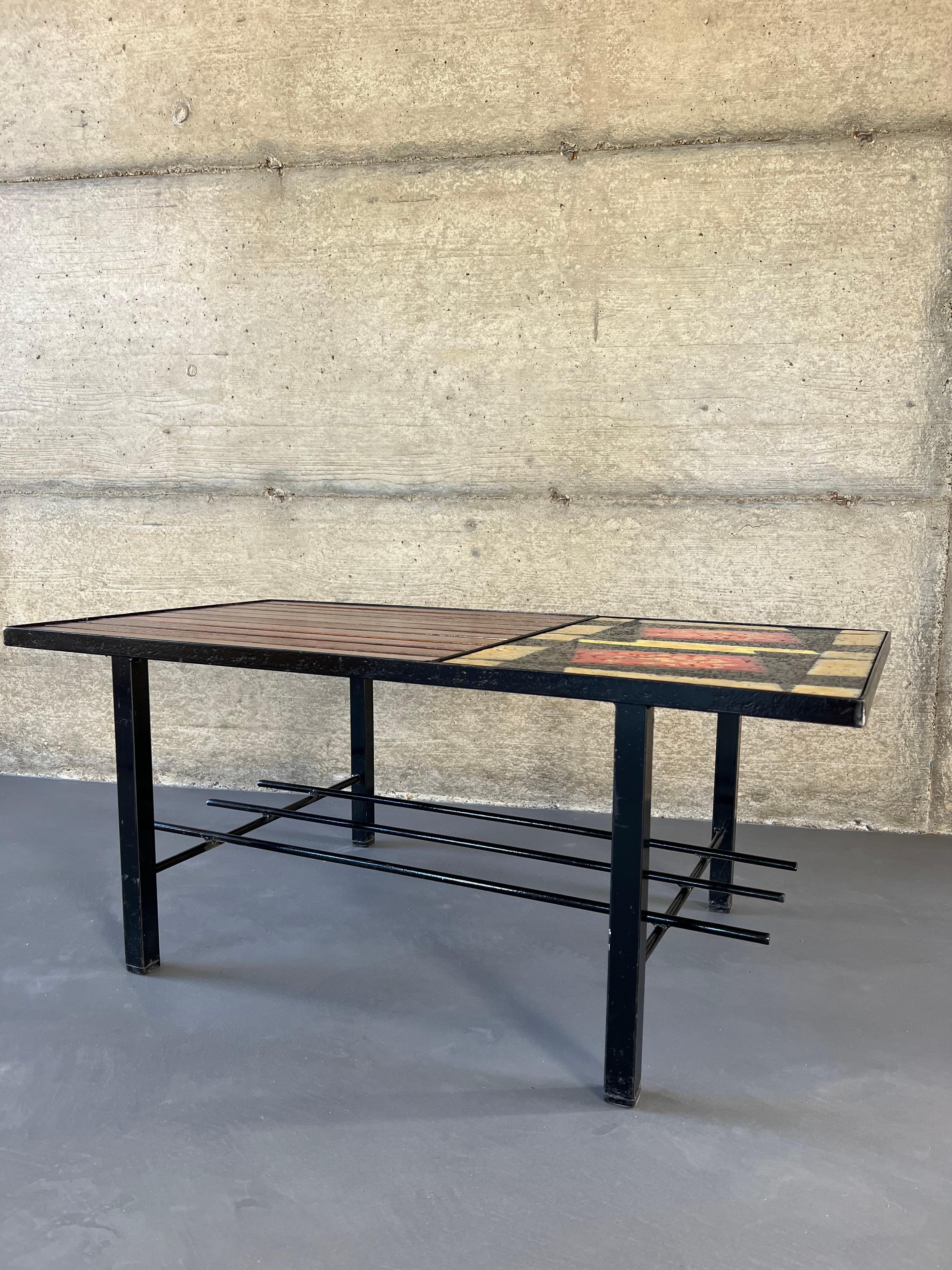 Lava Rock, Teak and Metal Modernist Coffee Table In Good Condition In LYON, FR
