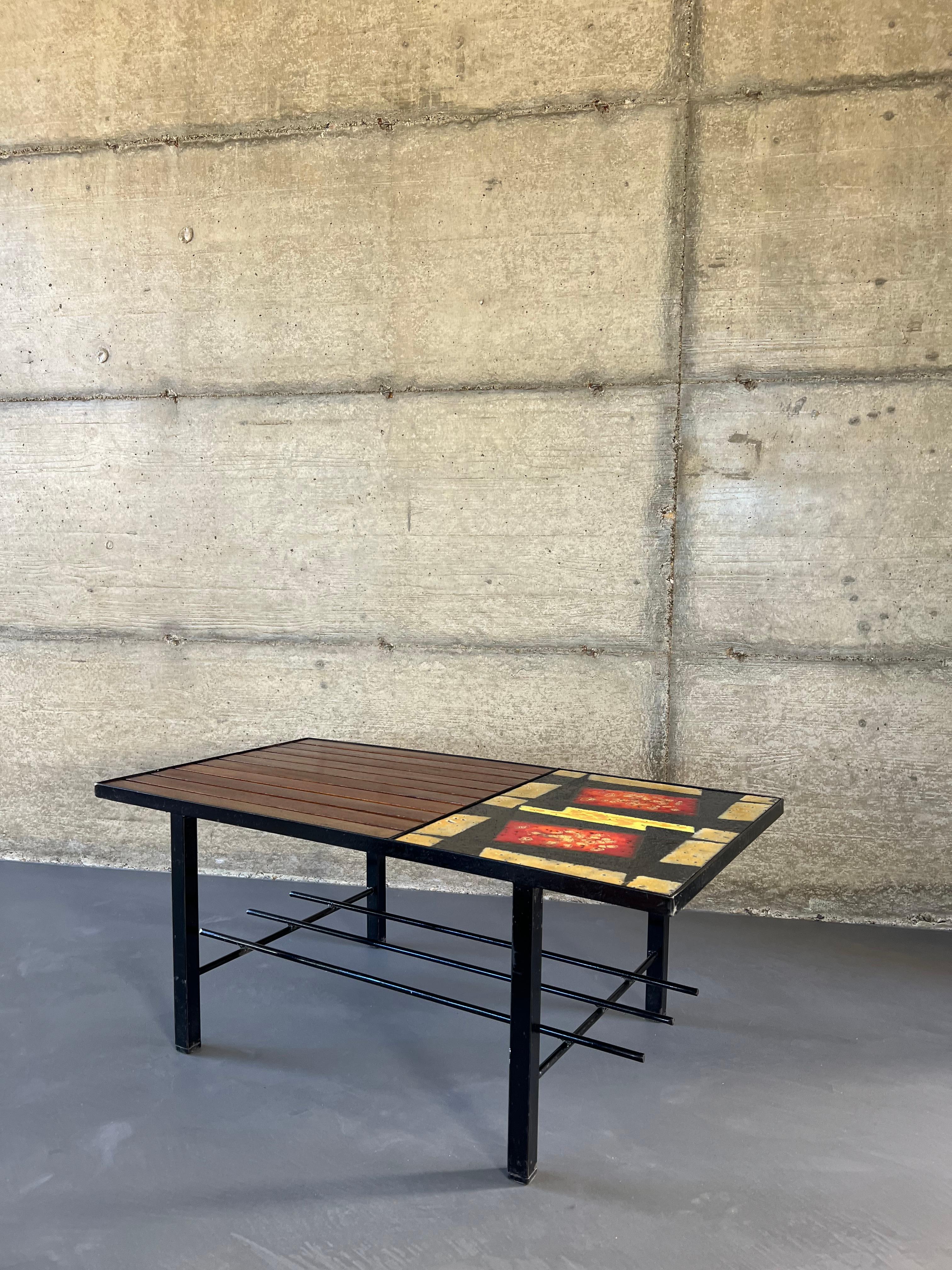 Lava Rock, Teak and Metal Modernist Coffee Table 4