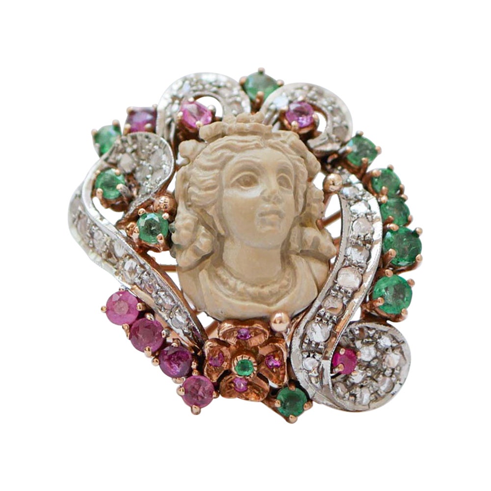 Lava Stone, Emeralds, Rubies, Diamonds, 14 Karat Rose Gold and Silver Ring.