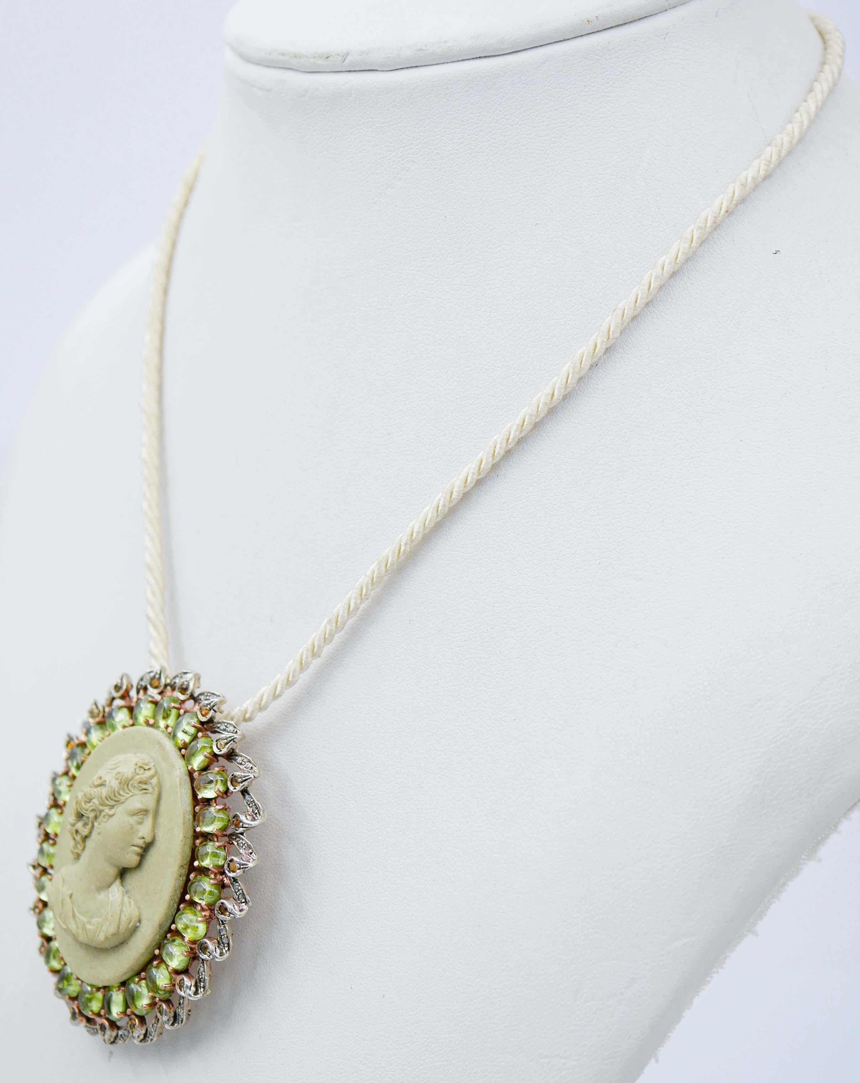 Mixed Cut Lava Stone, Peridots, Topazs, Diamonds,  Gold and Silver Brooch/Pendant Necklace For Sale