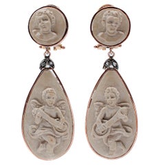 Lava Stones, Diamonds, 9 Karat Rose Gold and Silver Cherubs Earrings