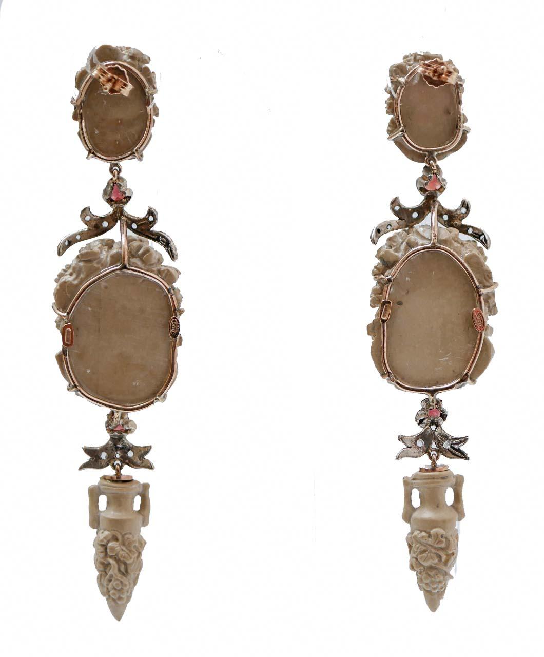 Retro Lava Stones, Garnets, Diamonds, Rose Gold and Silver Earrings.