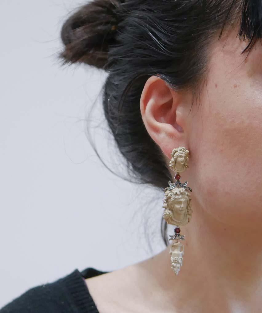 Mixed Cut Lava Stones, Garnets, Diamonds, Rose Gold and Silver Earrings.