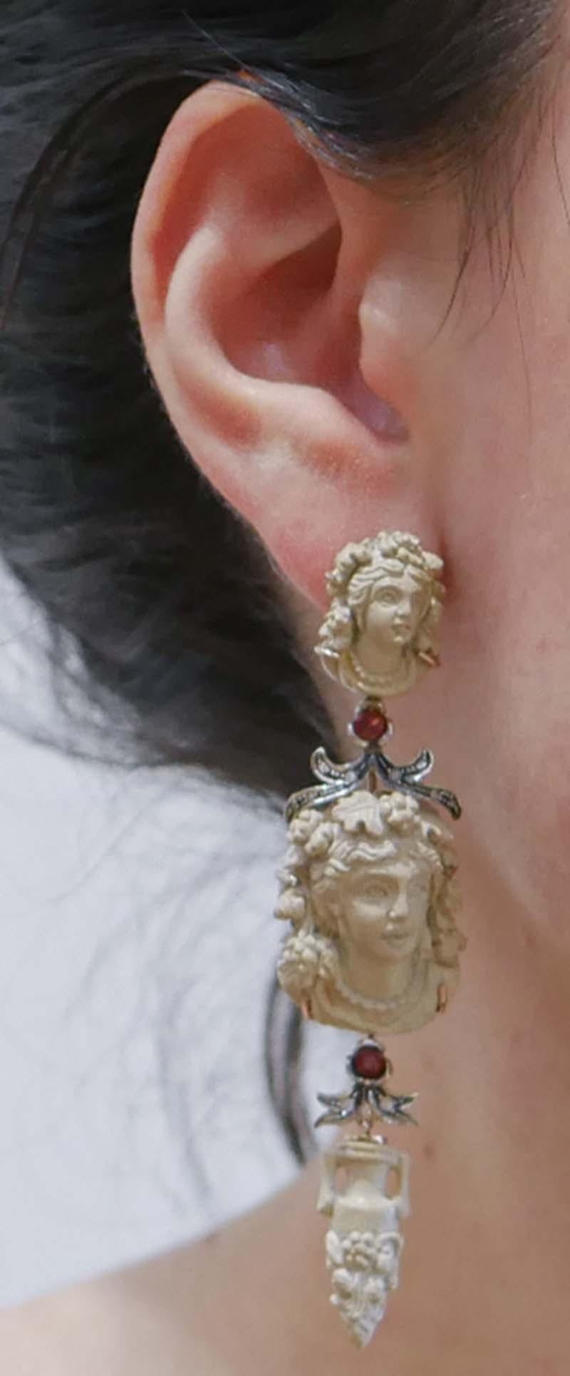 Lava Stones, Garnets, Diamonds, Rose Gold and Silver Earrings. In Good Condition In Marcianise, Marcianise (CE)