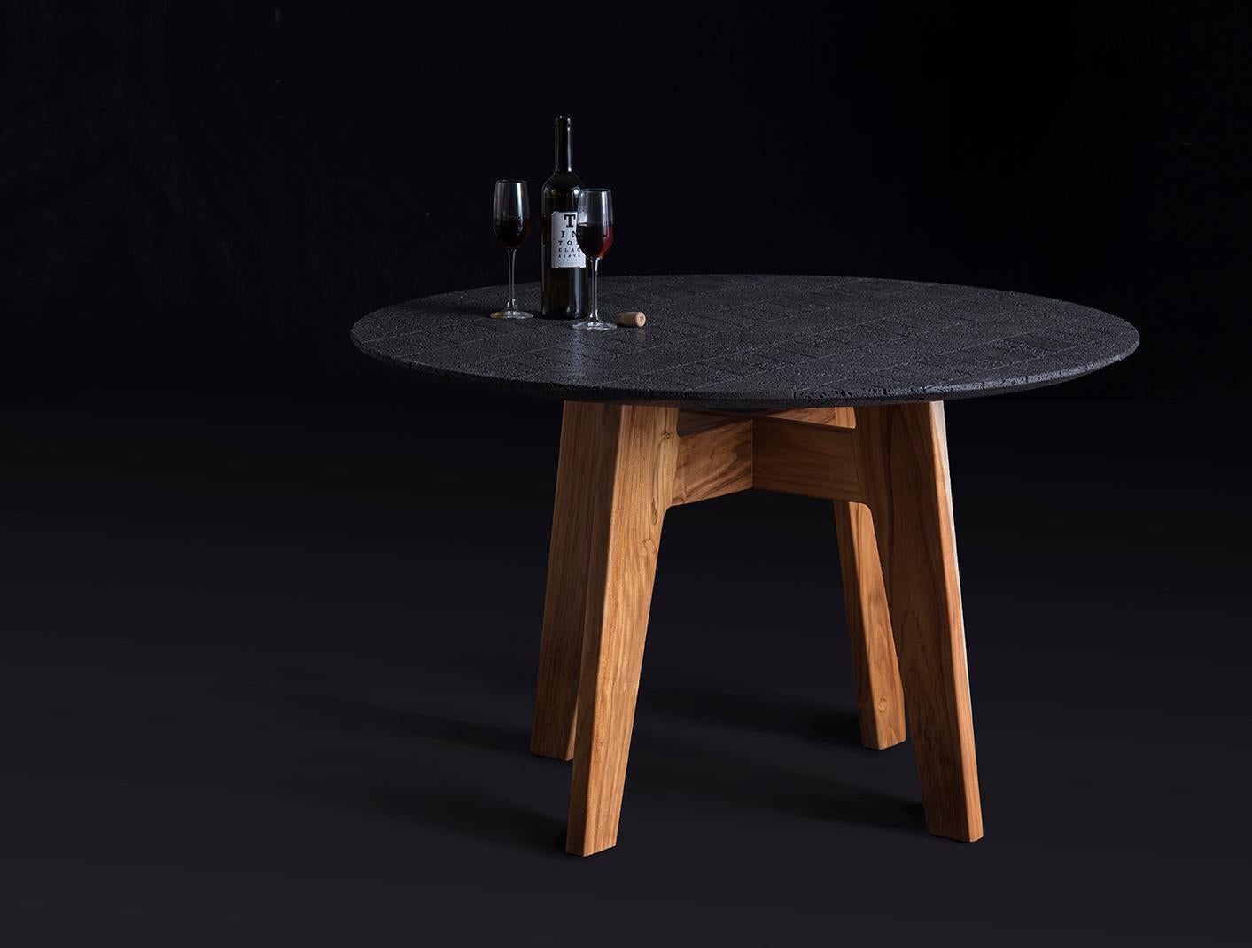 Minimalist Lava Table, Volcanic Stone and Teak Wood 1.2M For Sale