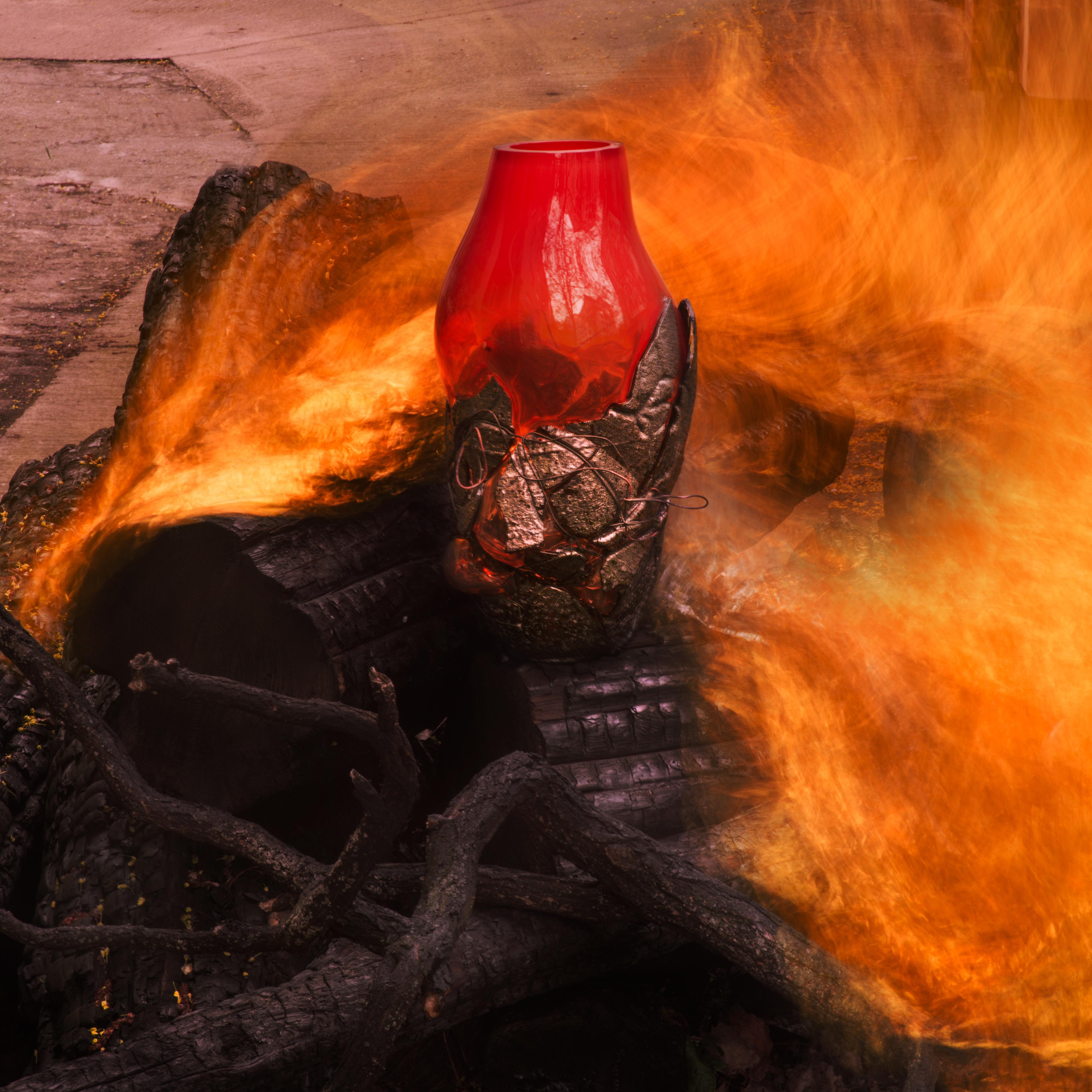 Other LAVA vase, experimental handblown glass, red For Sale