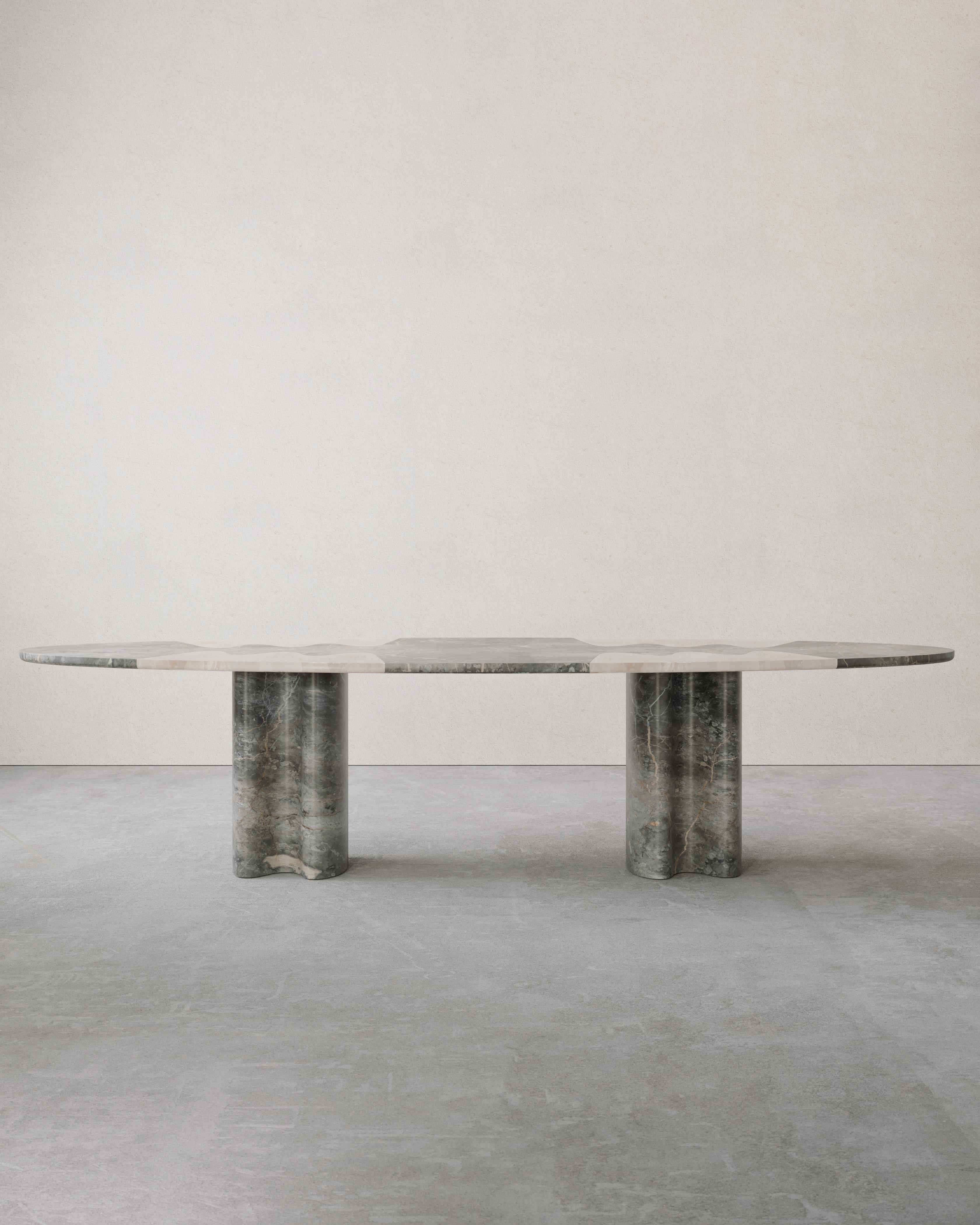 Lavanche dining table by Piotr Dabrowa
One of a kind.
Dimensions: W 300 x D 120 x H 72 cm.
Materials: Fior di Bosco marble, white Onyx.
Produced by Serafini.

Piotr Dabrowa (1990). Multidisciplinary Designer focused on the collectible design of