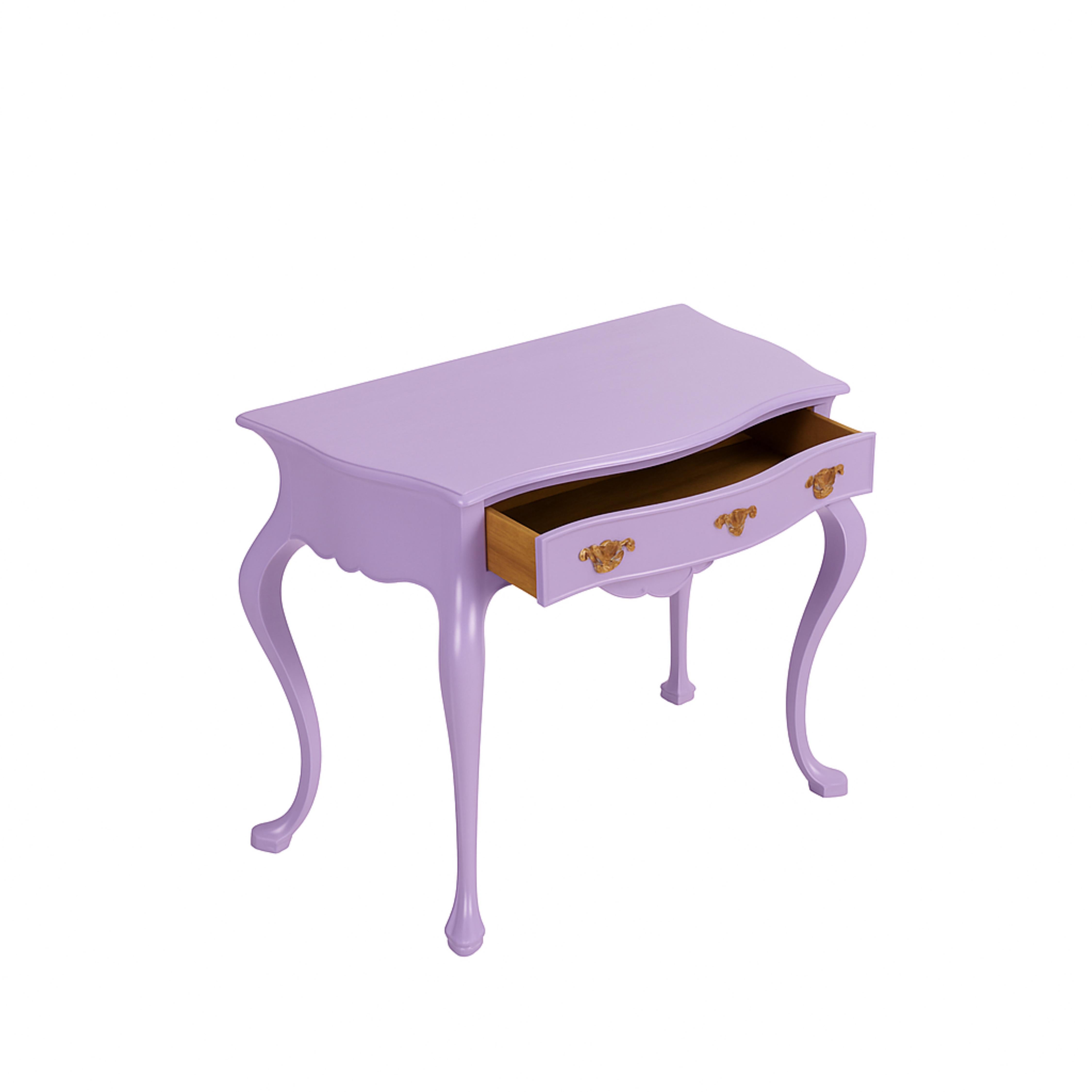 Elevate your space with this high-end portuguese Baroque-style wood table commode, now reimagined in sleek  Lavander color (Hex:#D3D3FF color reference) refinished by expert artisans. Featuring a single drawer with a cut-out top that follows the